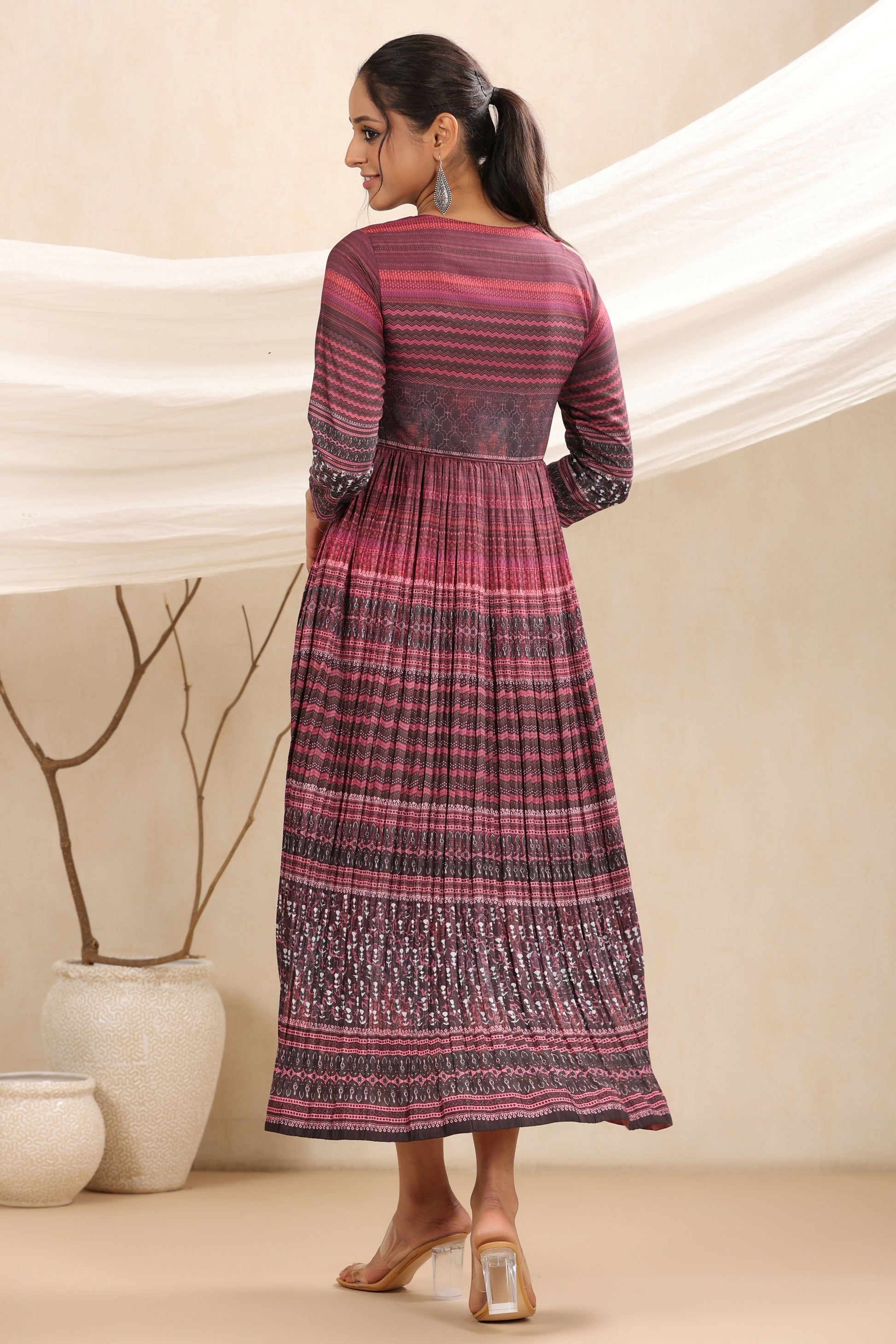 Juniper Purple muslin maxi dress with ethnic motif print with sequins & beads work