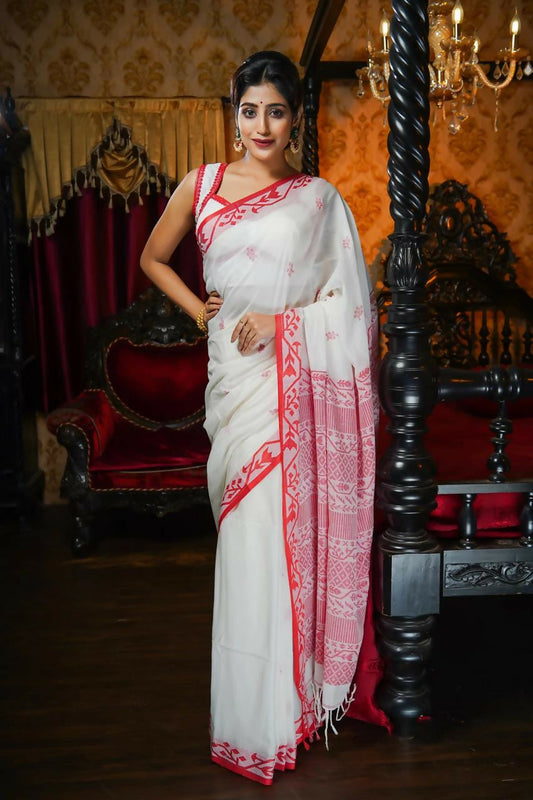 Exclusive Collection Beautiful Musrise White Pure Cotton Hand Weaving Handloom Grab2Buy With Running Blouse Piece 
