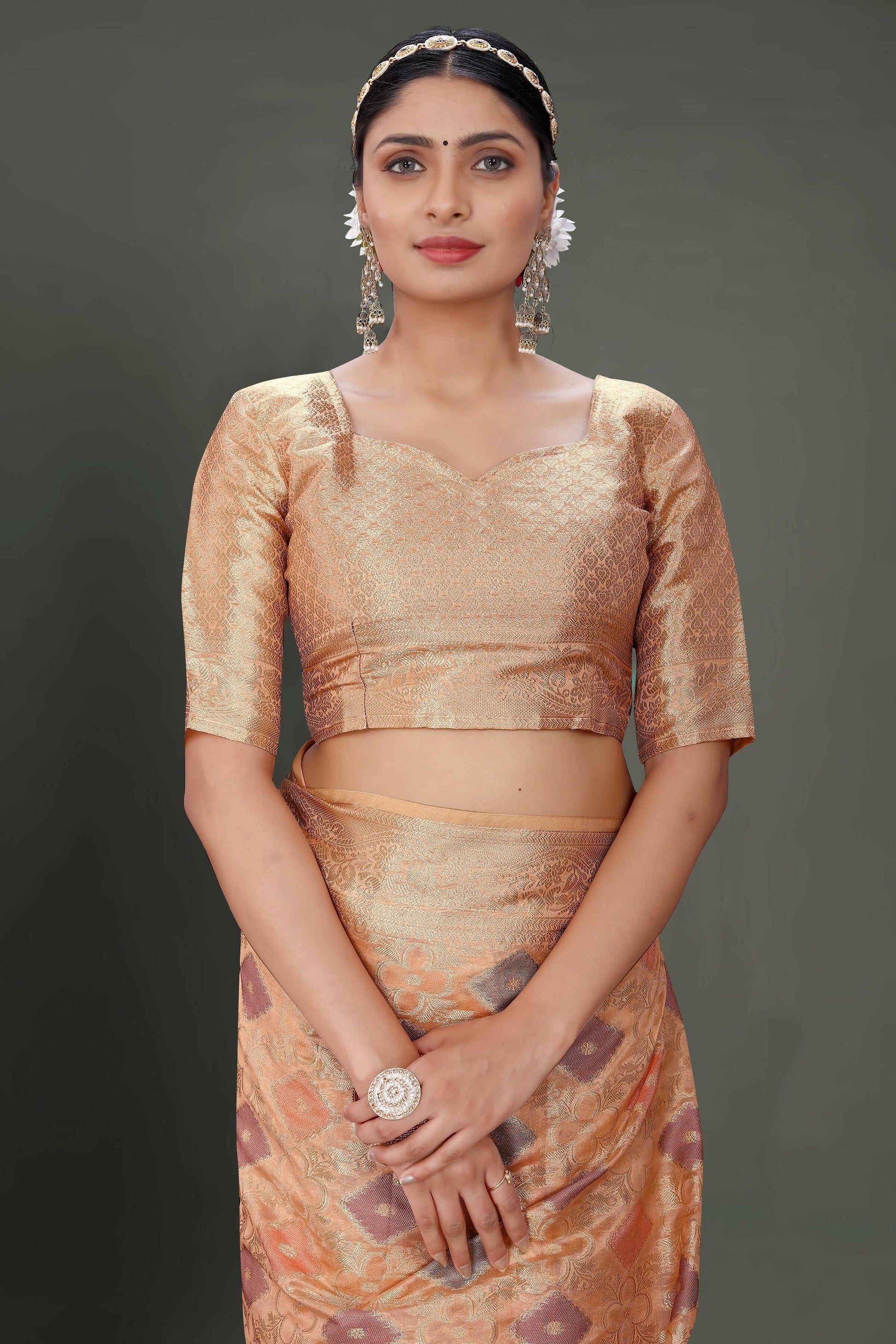 Peach Soft Organza Woven Design Saree With Unstitched Blouse Piece - Zaara