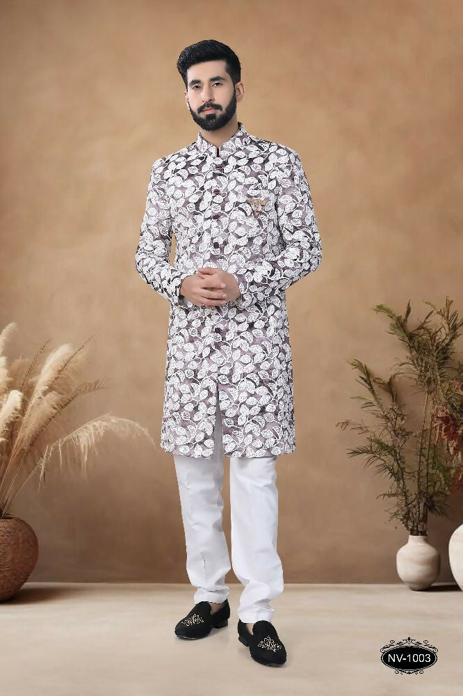 Joban Fashion Men's Brown Straight Swed Velvet Thread & Sequence Embroidery All Over Indo-Western Kurta Set