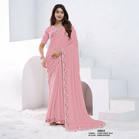 Light Pink Pure Crepe Silk Sequence With Hand Work Saree With Unstitched Blouse - Norita Swaraa