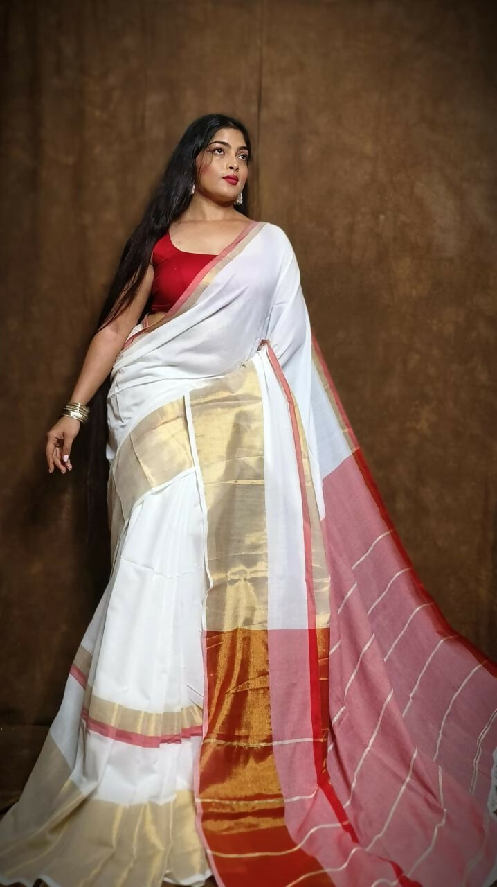 Exclusive Collection White Red Pure Cotton Handloom Gorgeous Grab2Buy 