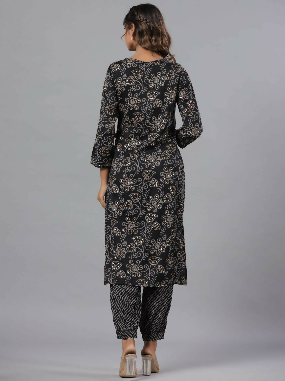 Juniper Women Black Rayon Slub Printed with Embroidered Kurta and Pants Set