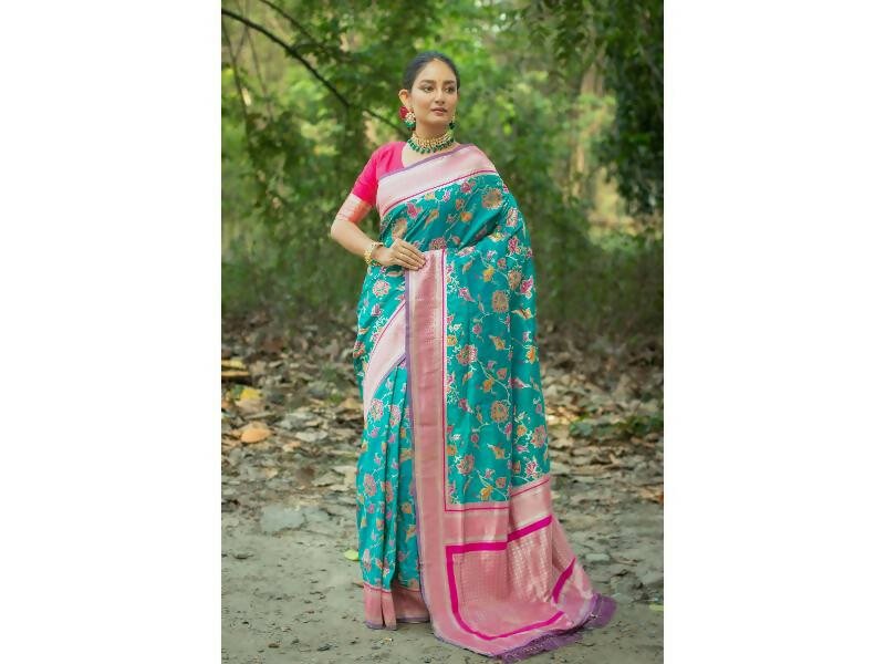 Aastha Fashion Women's Teal Banarasi Silk Meenakari Zari Woven Saree with Blouse - Grab2buy