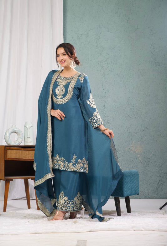 Teeya Creation Blue Color Chinnon Silk Embroidery Work Fully Stitched Plazo Pair