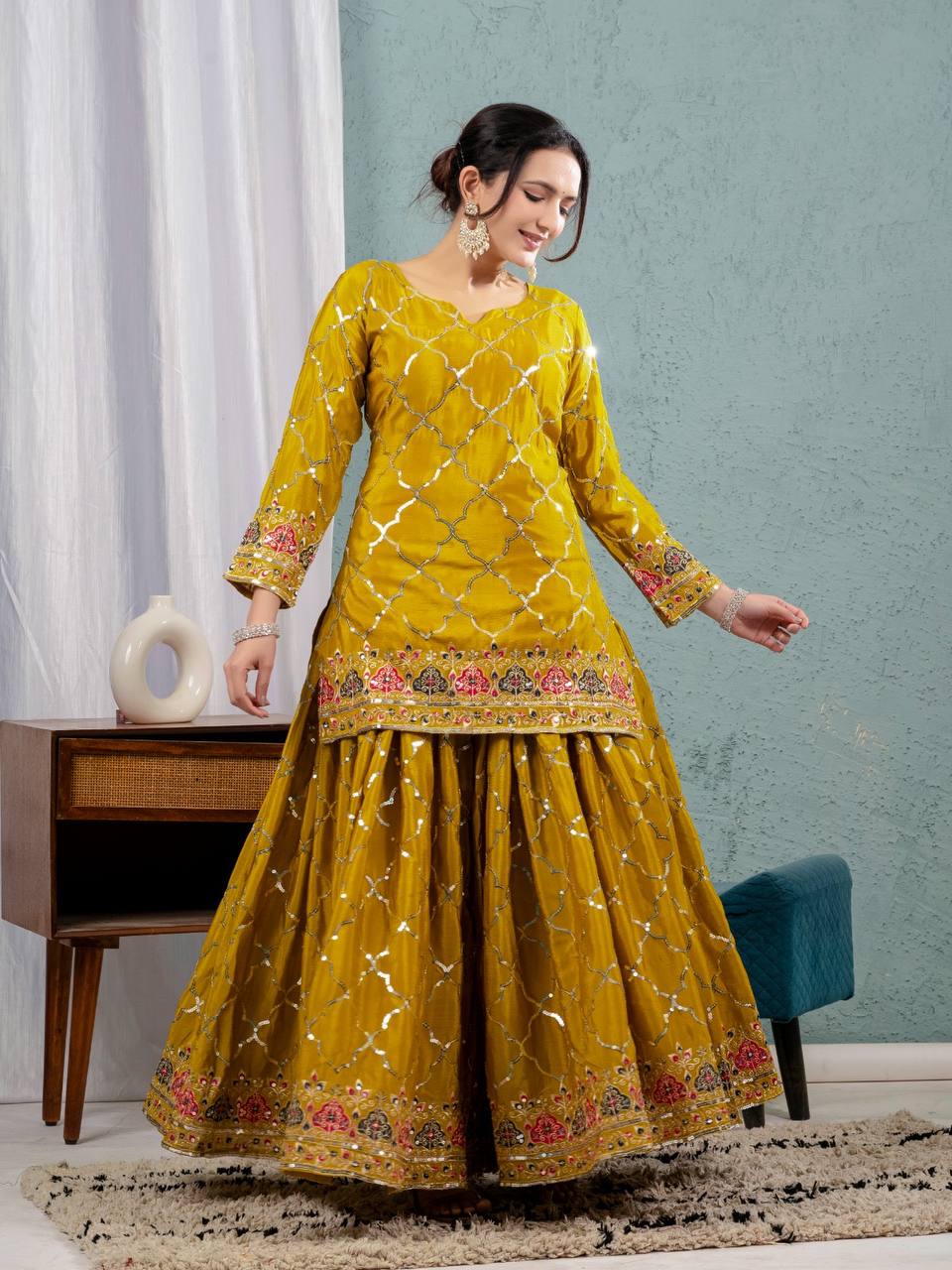 Teeya Creation Yellow Color Chinnon Silk Embroidery Work Fully Stitched Salwar Suit