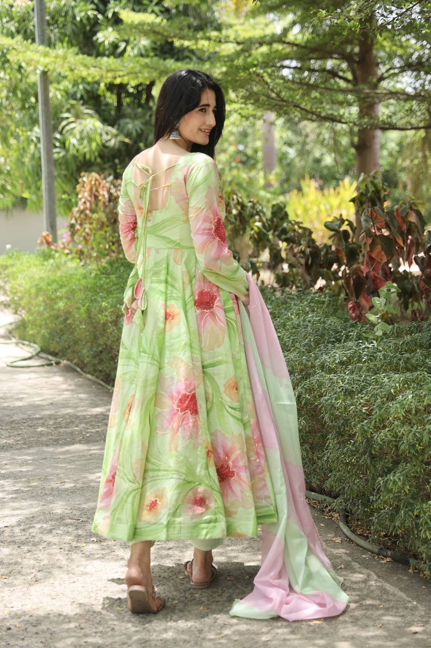 Teeya Creation Multicolor Georgette Heavy Embroidery And Sequence Work Anarkali With Pants And Dupatta