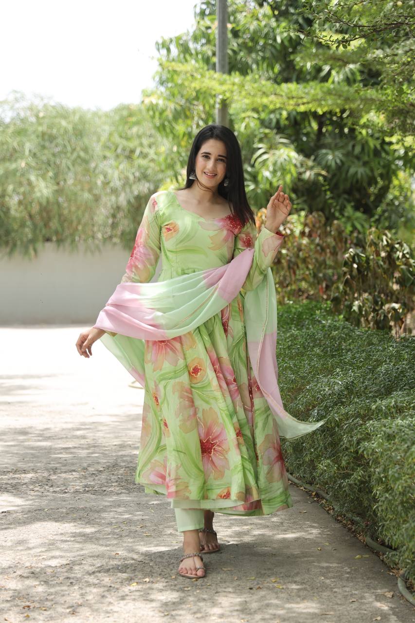 Teeya Creation Multicolor Georgette Heavy Embroidery And Sequence Work Anarkali With Pants And Dupatta