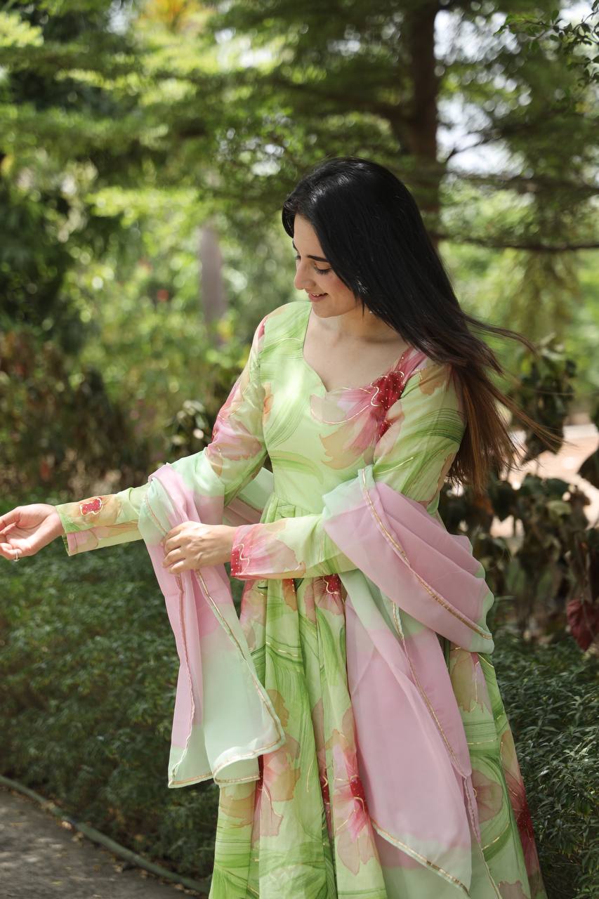 Teeya Creation Multicolor Georgette Heavy Embroidery And Sequence Work Anarkali With Pants And Dupatta