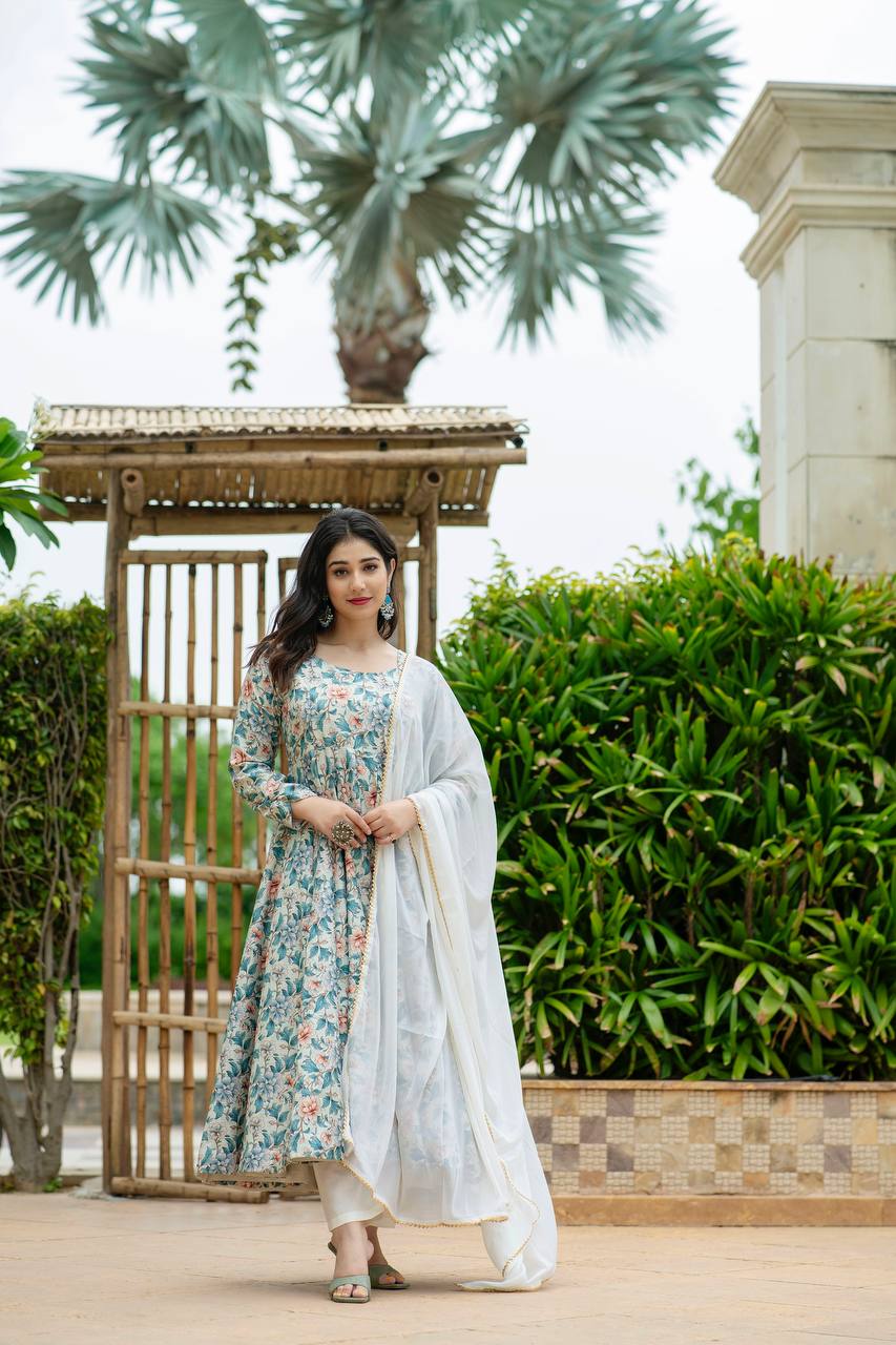 Teeya Creation Multicolor Muslin Silk Digital Print With Crochet Anarkali With Pants And Dupatta