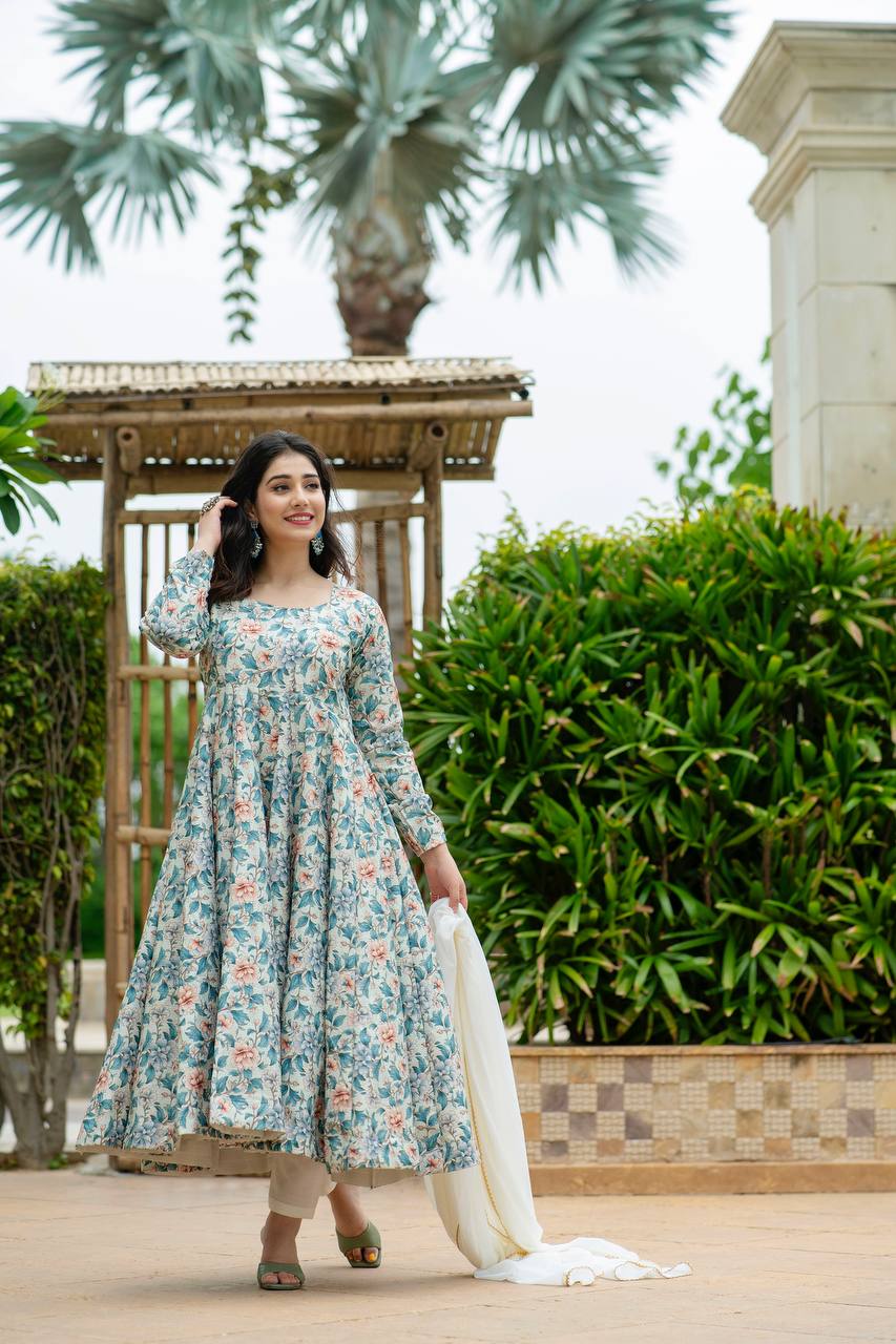 Teeya Creation Multicolor Muslin Silk Digital Print With Crochet Anarkali With Pants And Dupatta