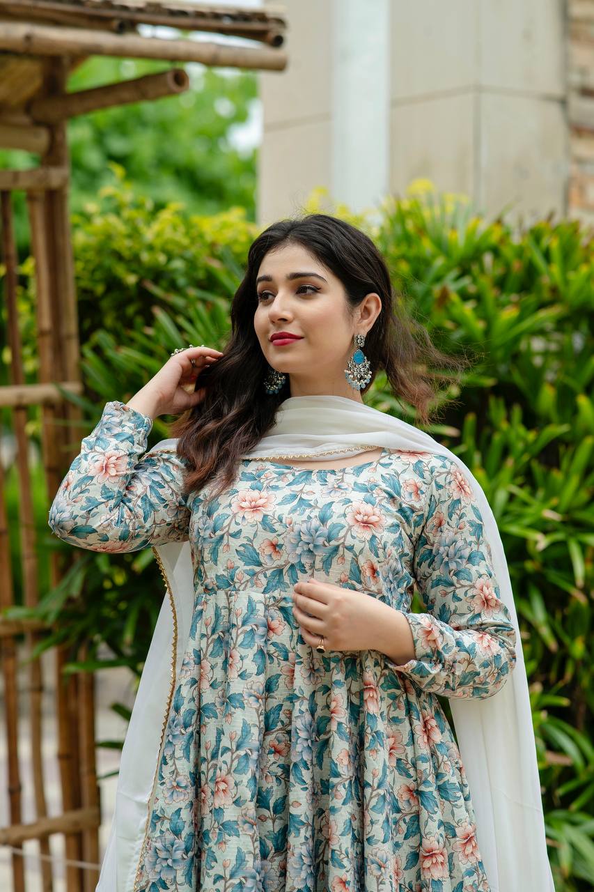 Teeya Creation Multicolor Muslin Silk Digital Print With Crochet Anarkali With Pants And Dupatta