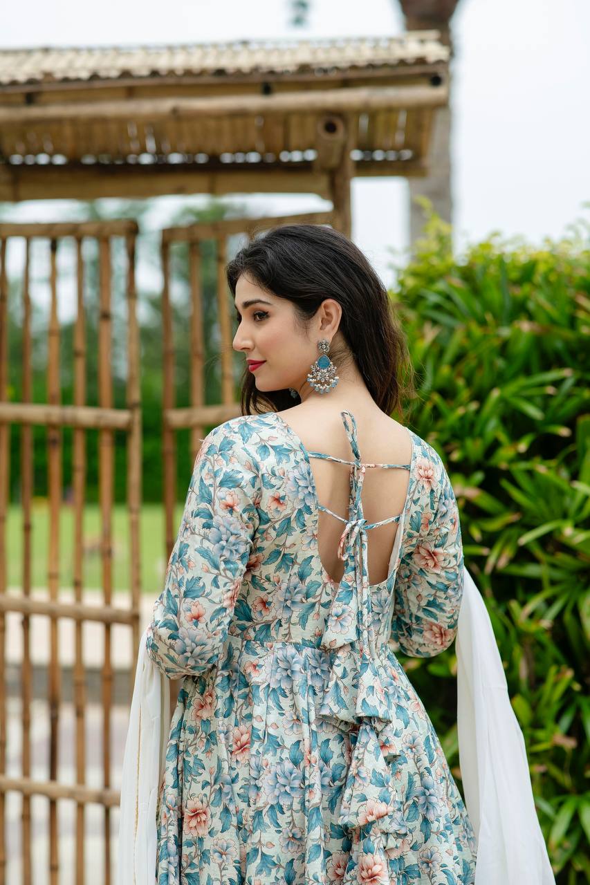Teeya Creation Multicolor Muslin Silk Digital Print With Crochet Anarkali With Pants And Dupatta