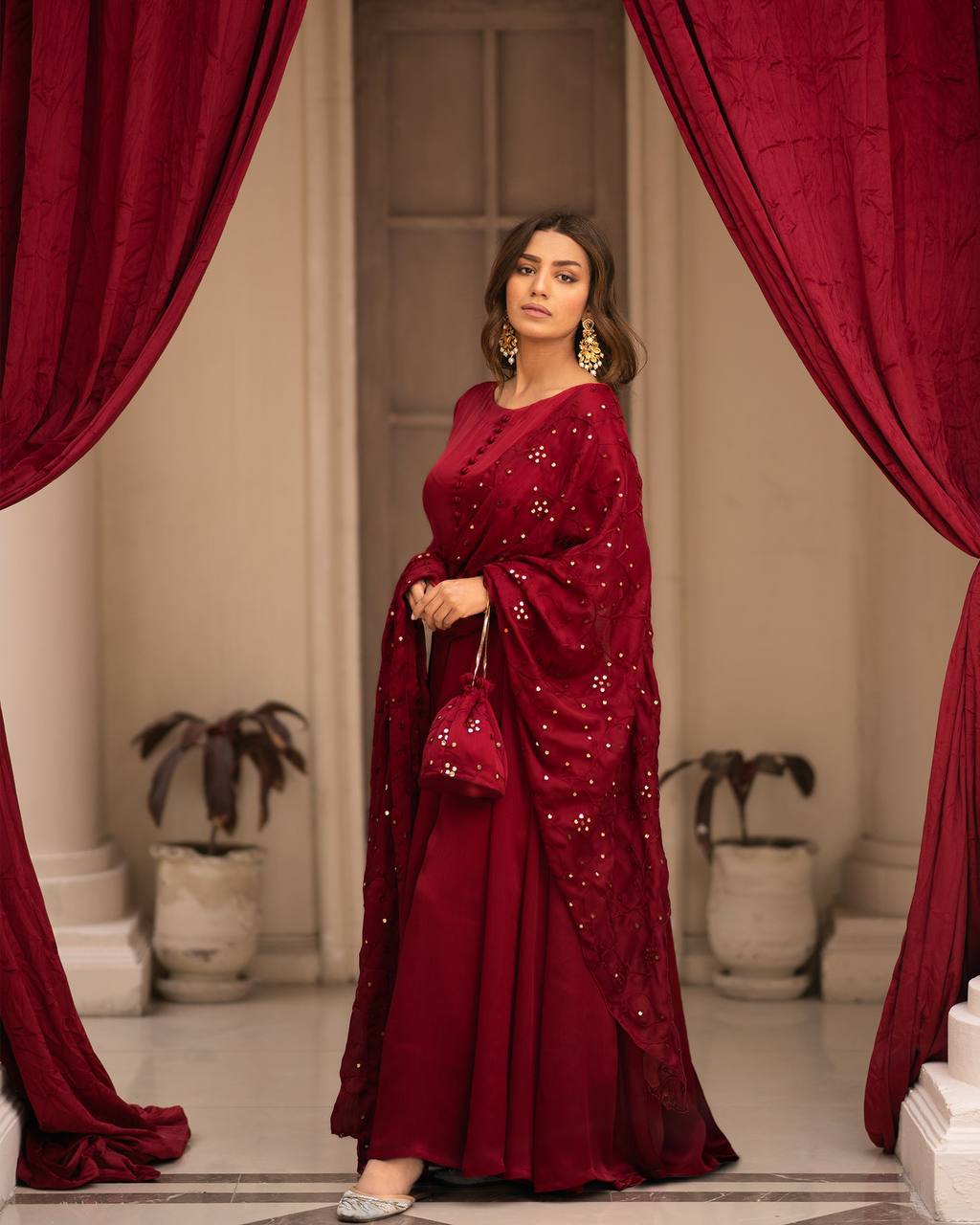 Teeya Creation Maroon Color Roman Cotton Embroidery And Sequence Work Anarkali With Pants And Dupatta