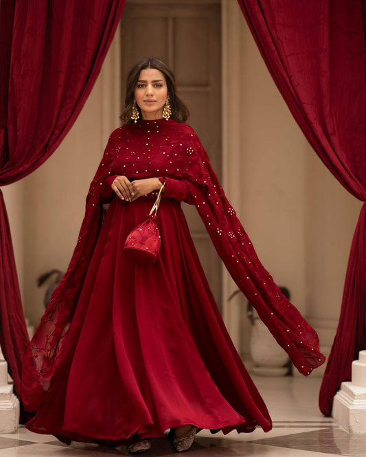 Teeya Creation Maroon Color Roman Cotton Embroidery And Sequence Work Anarkali With Pants And Dupatta