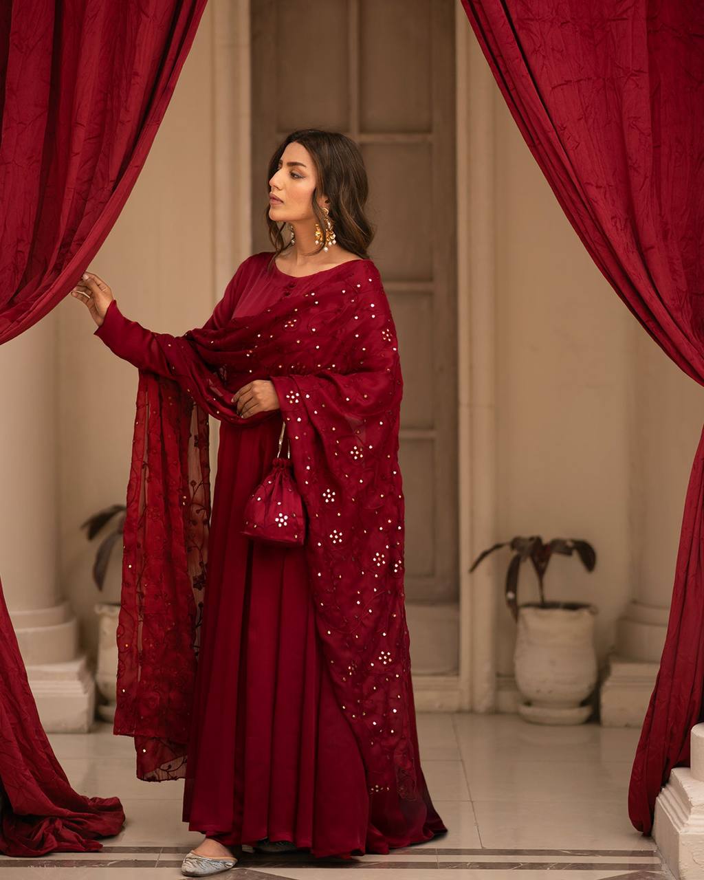 Teeya Creation Maroon Color Roman Cotton Embroidery And Sequence Work Anarkali With Pants And Dupatta