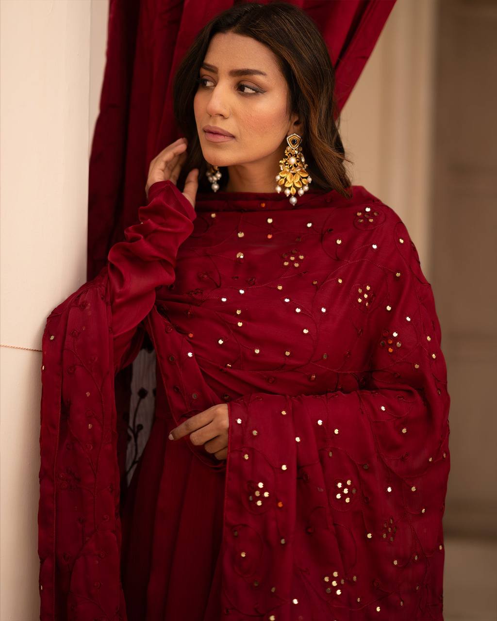 Teeya Creation Maroon Color Roman Cotton Embroidery And Sequence Work Anarkali With Pants And Dupatta
