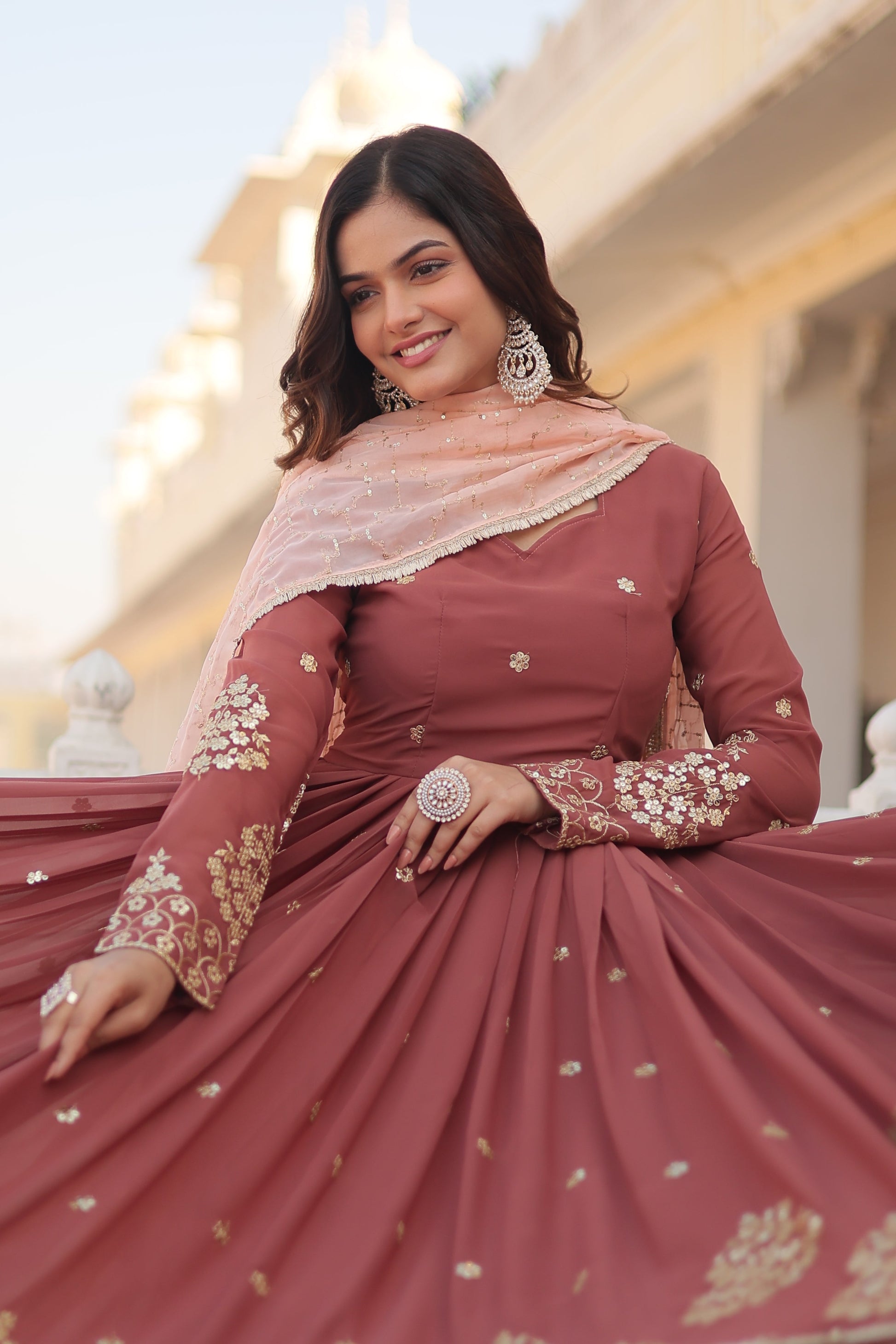 Teeya Creation Brown Color Faux Georgette Fabric Designer Embroidery Work Fully Stitched Gown