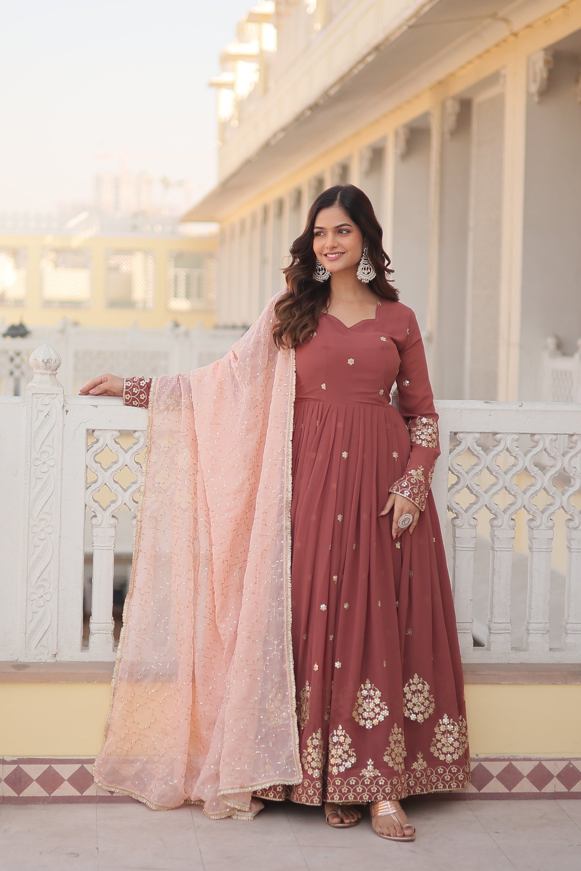 Teeya Creation Brown Color Faux Georgette Fabric Designer Embroidery Work Fully Stitched Gown