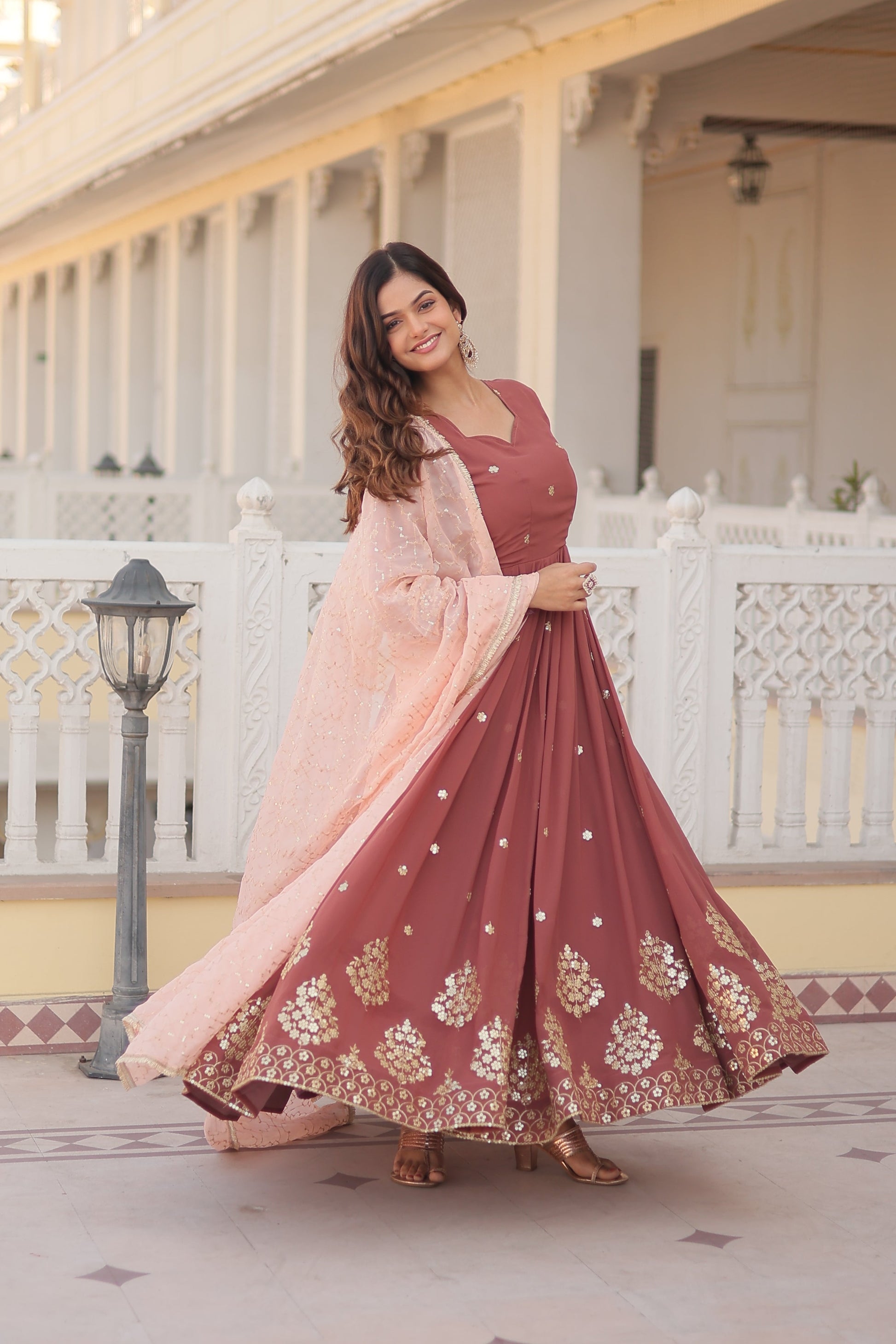 Teeya Creation Brown Color Faux Georgette Fabric Designer Embroidery Work Fully Stitched Gown