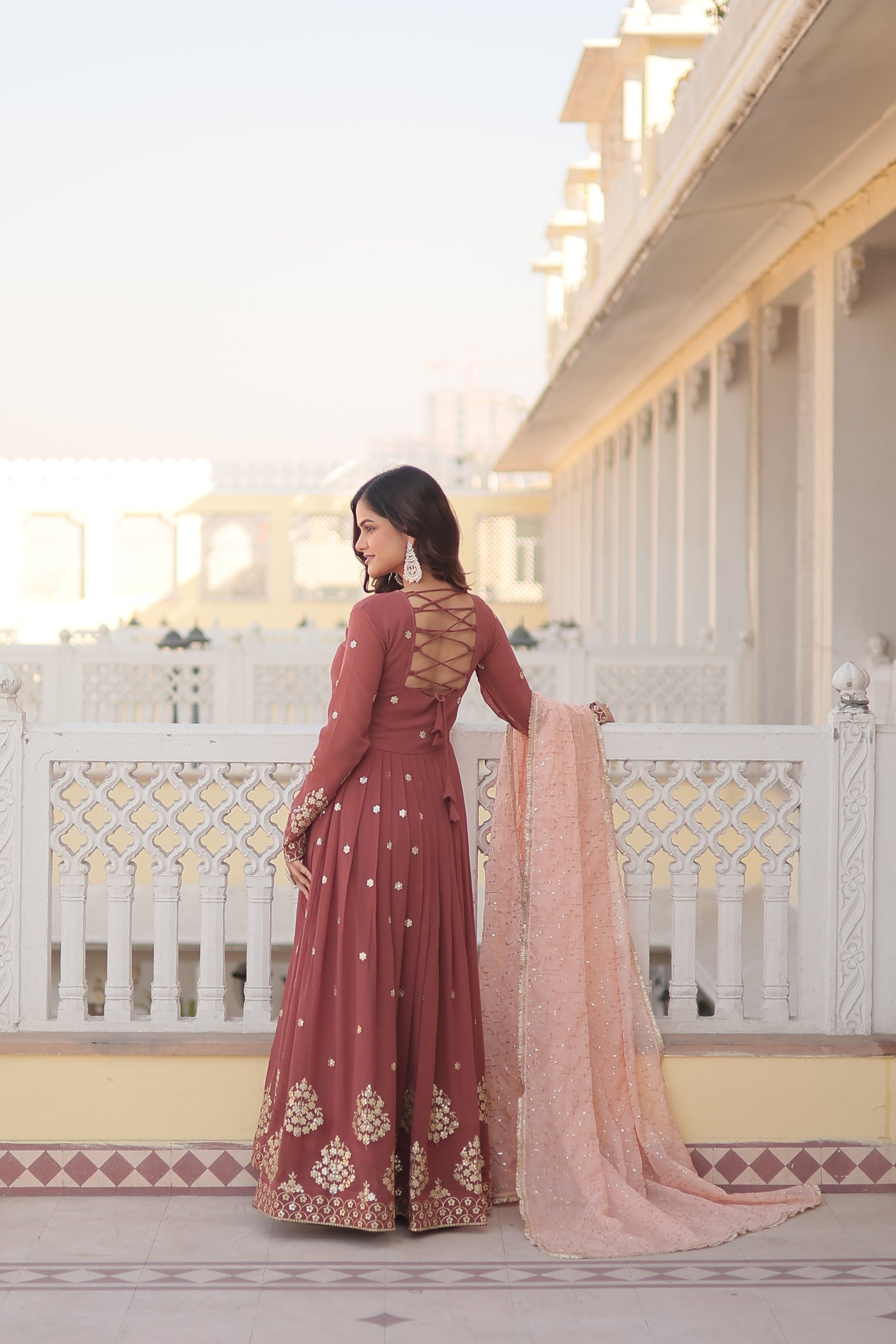 Teeya Creation Brown Color Faux Georgette Fabric Designer Embroidery Work Fully Stitched Gown