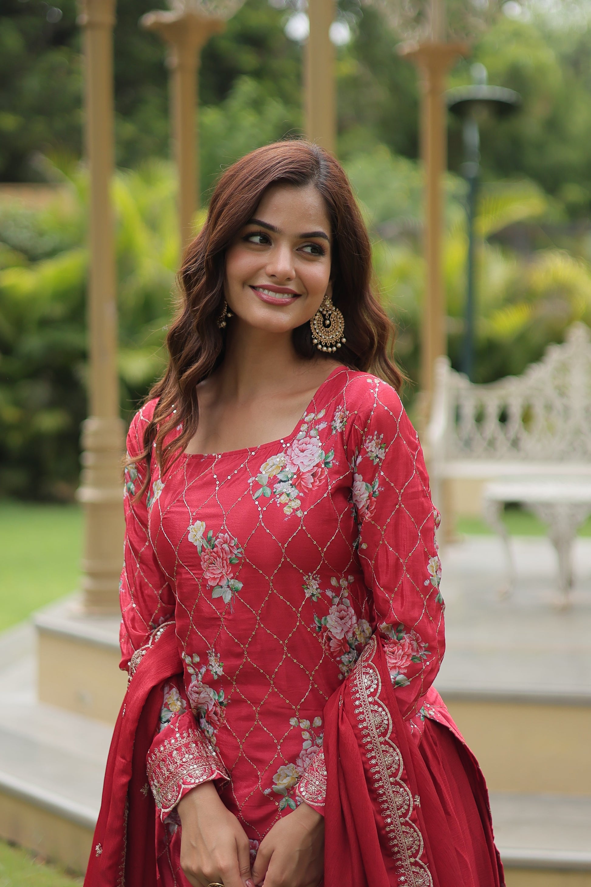 Teeya Creation Maroon Color Chinon Silk Digital Print With Embroidery Work Fully Stitched Plazo Pair