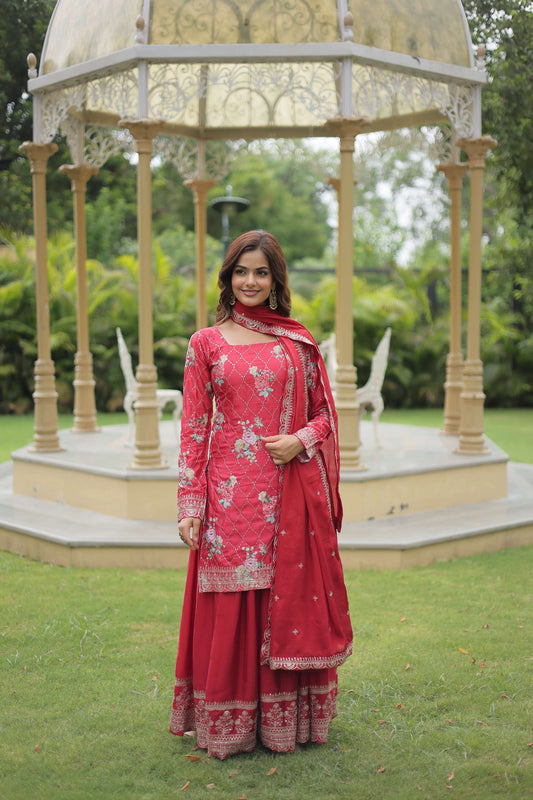 Teeya Creation Maroon Color Chinon Silk Digital Print With Embroidery Work Fully Stitched Plazo Pair
