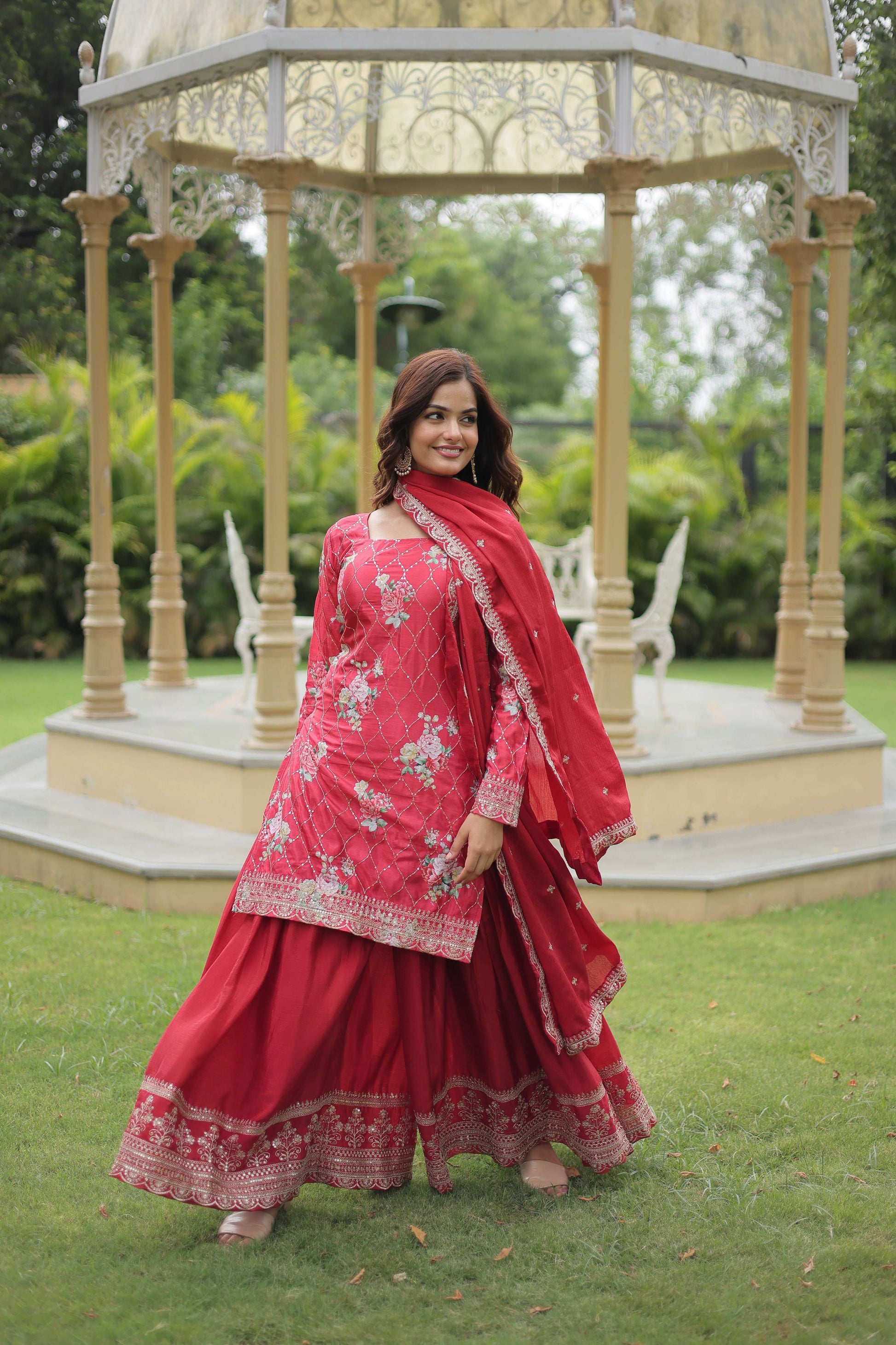 Teeya Creation Maroon Color Chinon Silk Digital Print With Embroidery Work Fully Stitched Plazo Pair