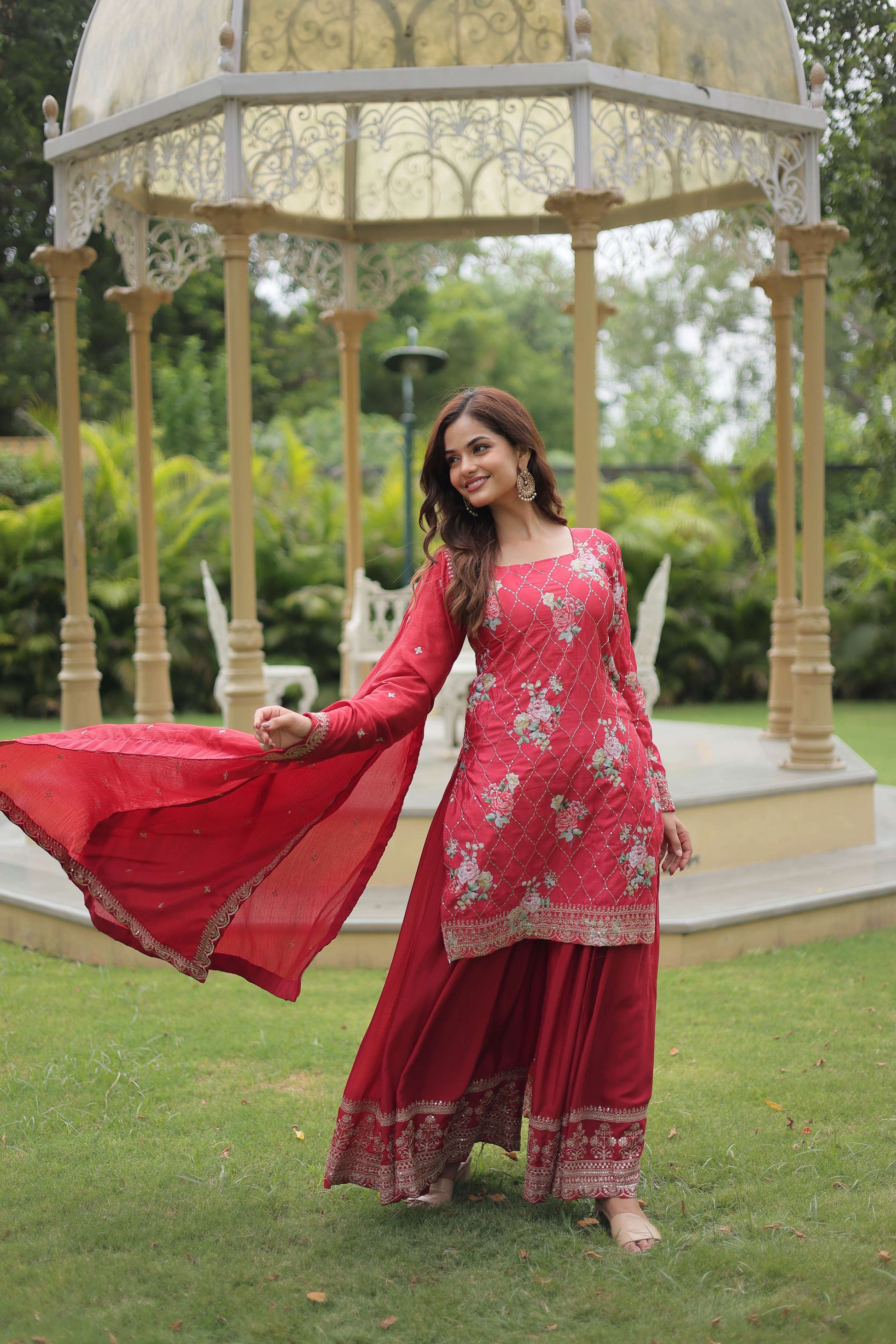 Teeya Creation Maroon Color Chinon Silk Digital Print With Embroidery Work Fully Stitched Plazo Pair