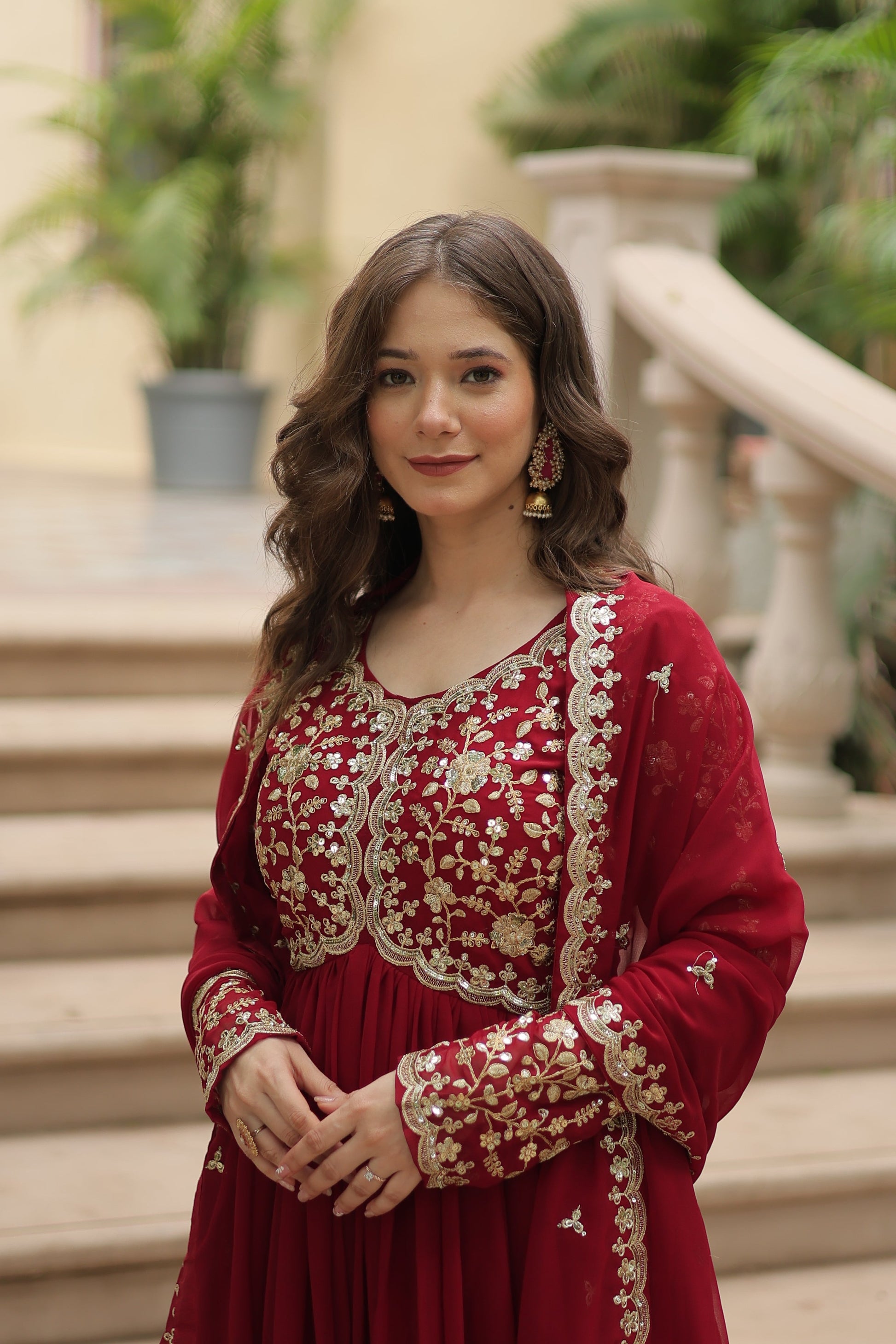 Teeya Creation Maroon Color Faux Georgette Heavy Embroidery Work Dupatta Fully Stitched Gown