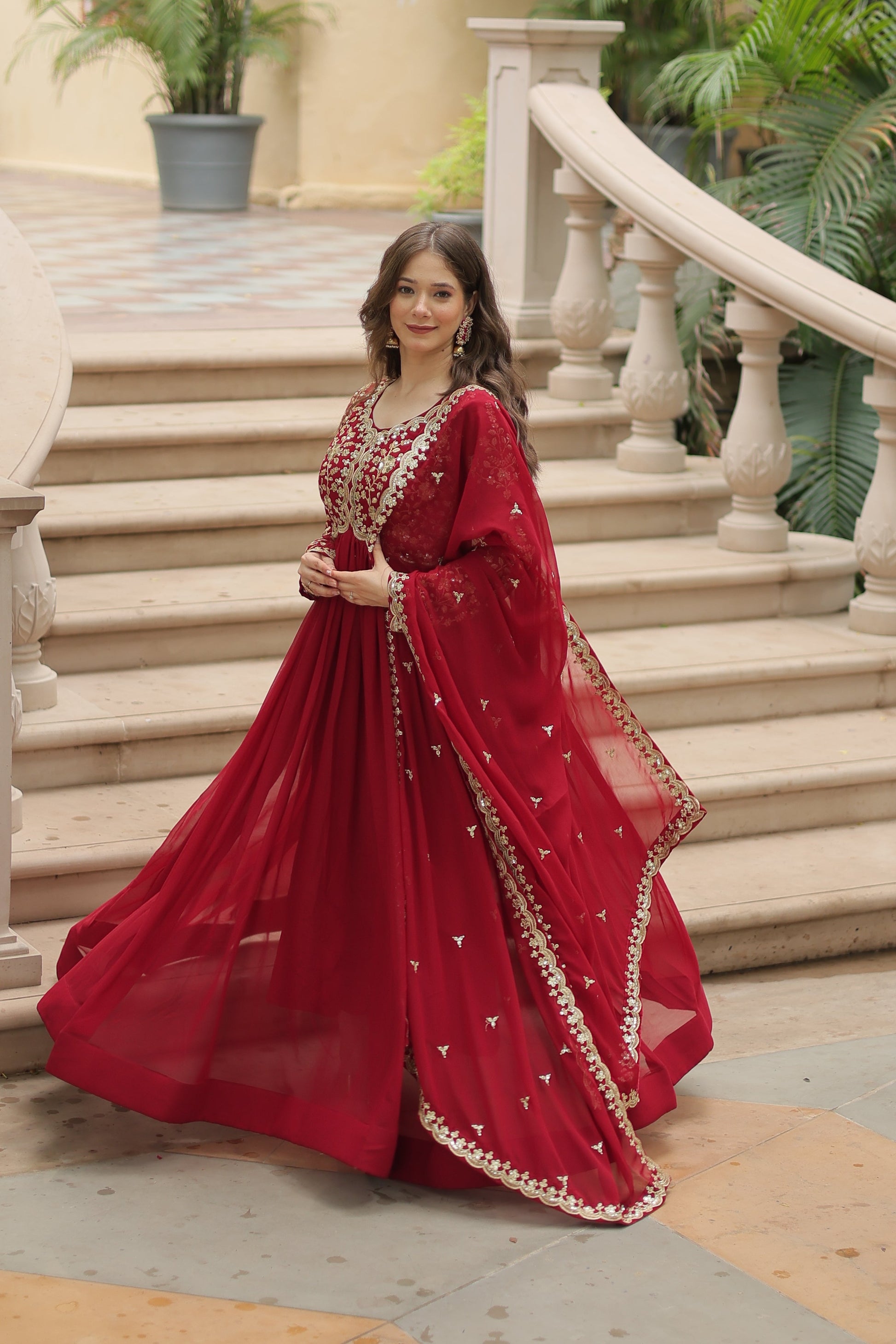 Teeya Creation Maroon Color Faux Georgette Heavy Embroidery Work Dupatta Fully Stitched Gown