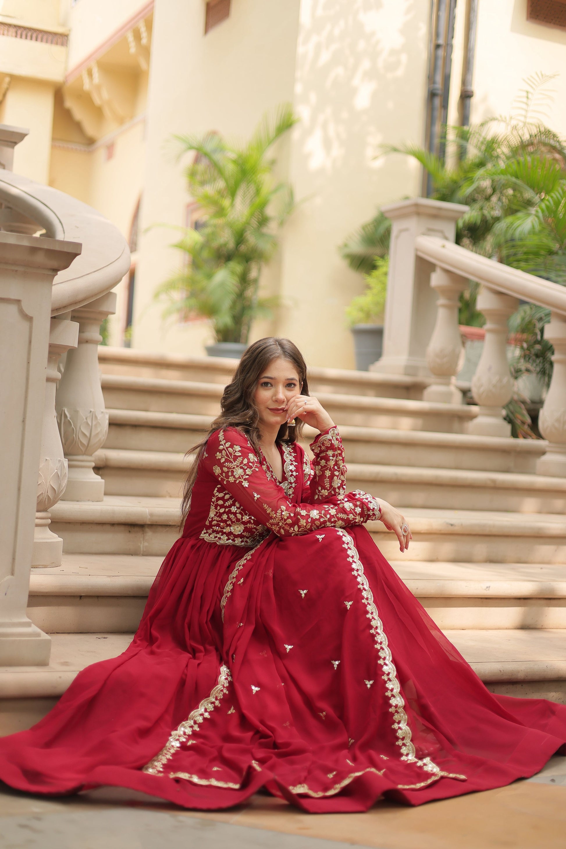 Teeya Creation Maroon Color Faux Georgette Heavy Embroidery Work Dupatta Fully Stitched Gown