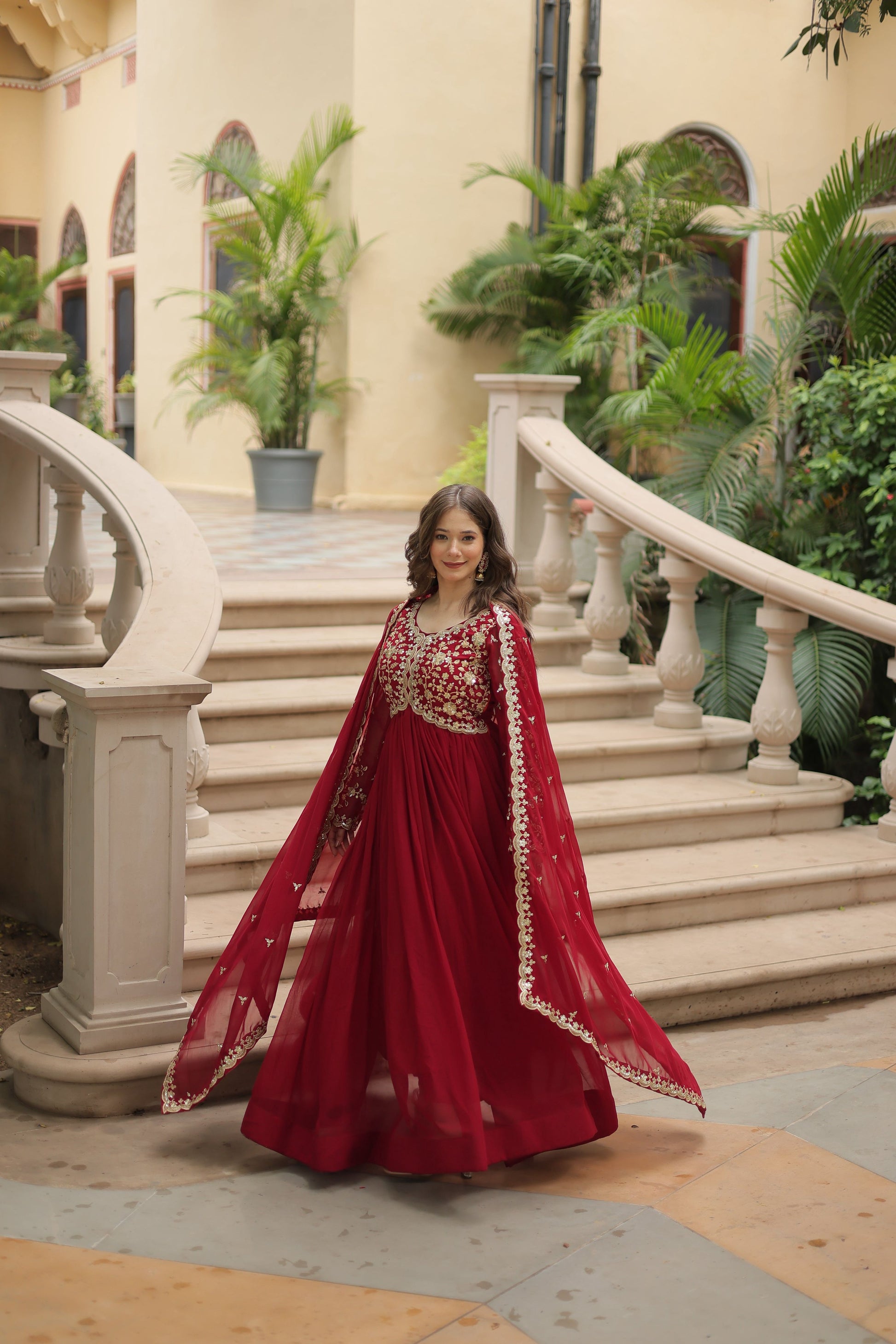 Teeya Creation Maroon Color Faux Georgette Heavy Embroidery Work Dupatta Fully Stitched Gown