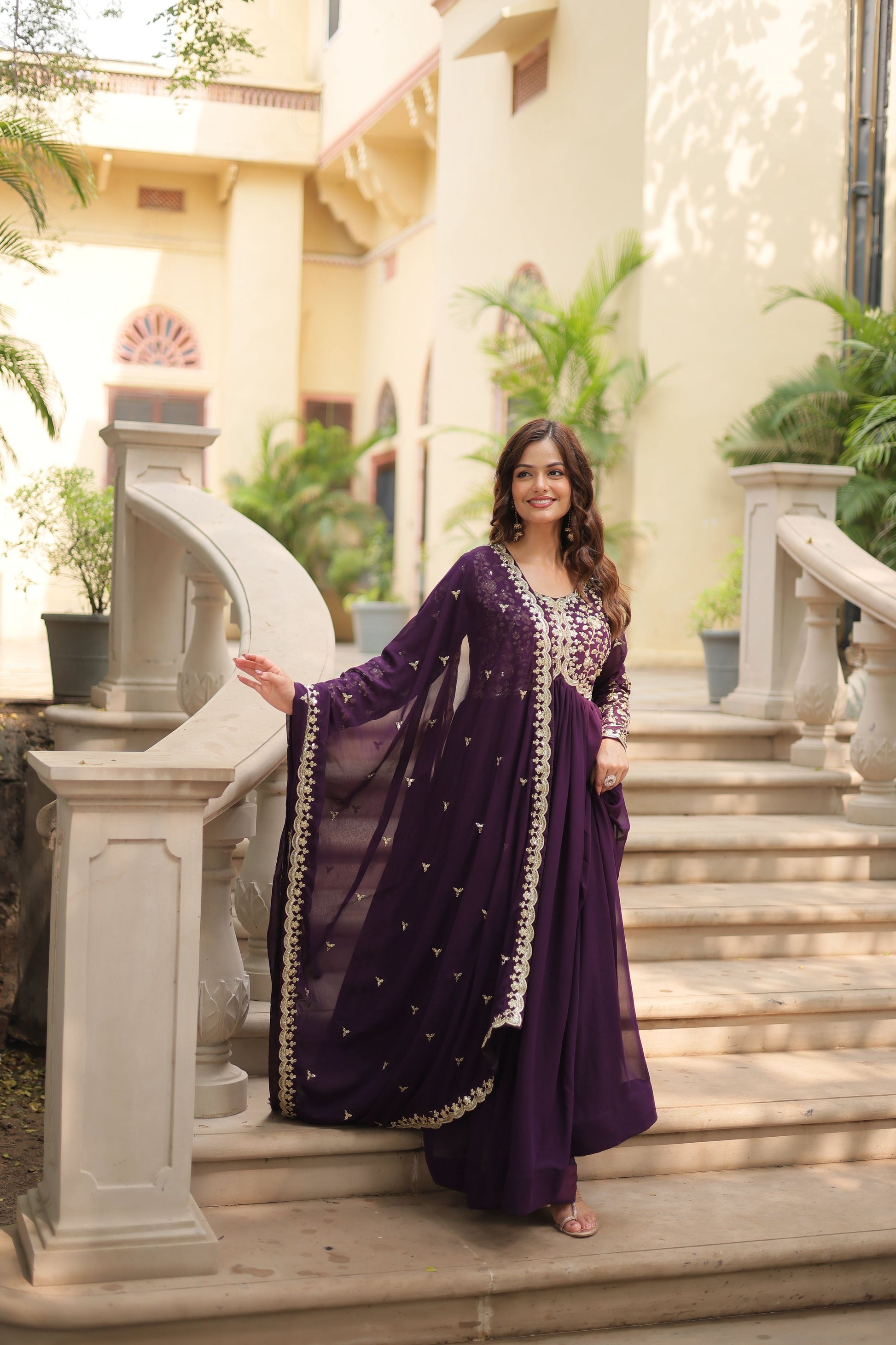 Teeya Creation Wine Color Faux Georgette Heavy Embroidery Work Dupatta Fully Stitched Gown