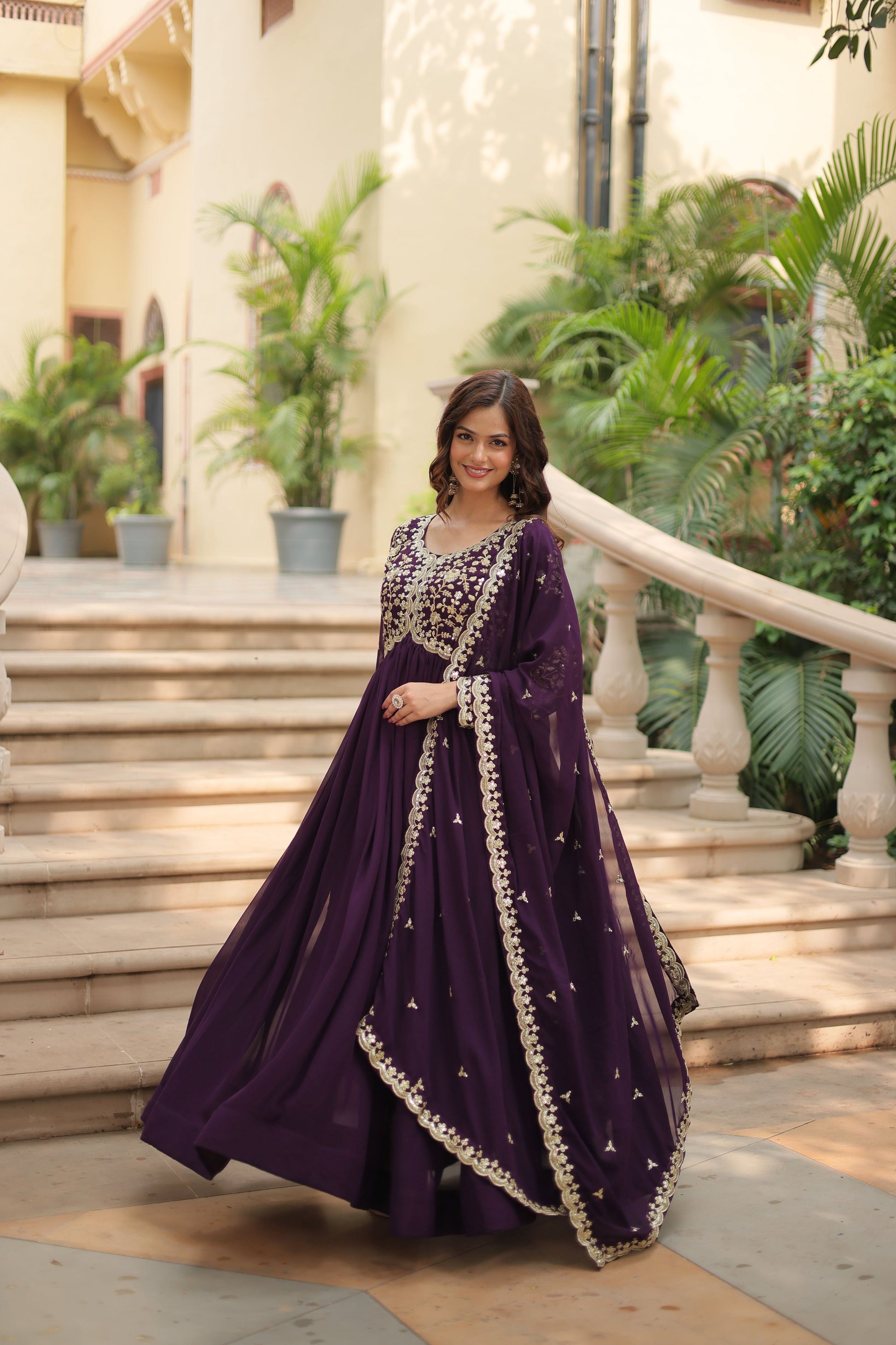 Teeya Creation Wine Color Faux Georgette Heavy Embroidery Work Dupatta Fully Stitched Gown