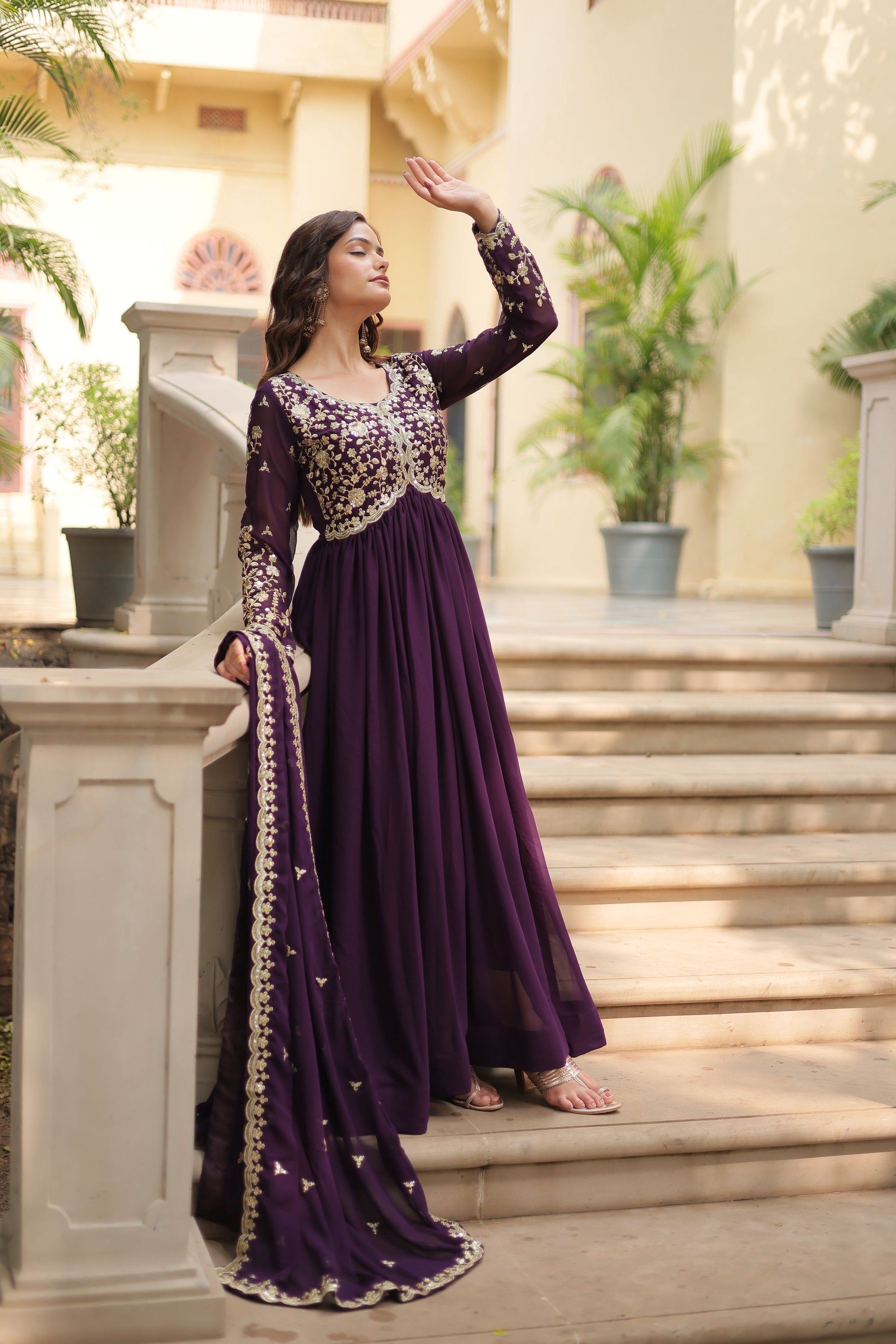 Teeya Creation Wine Color Faux Georgette Heavy Embroidery Work Dupatta Fully Stitched Gown