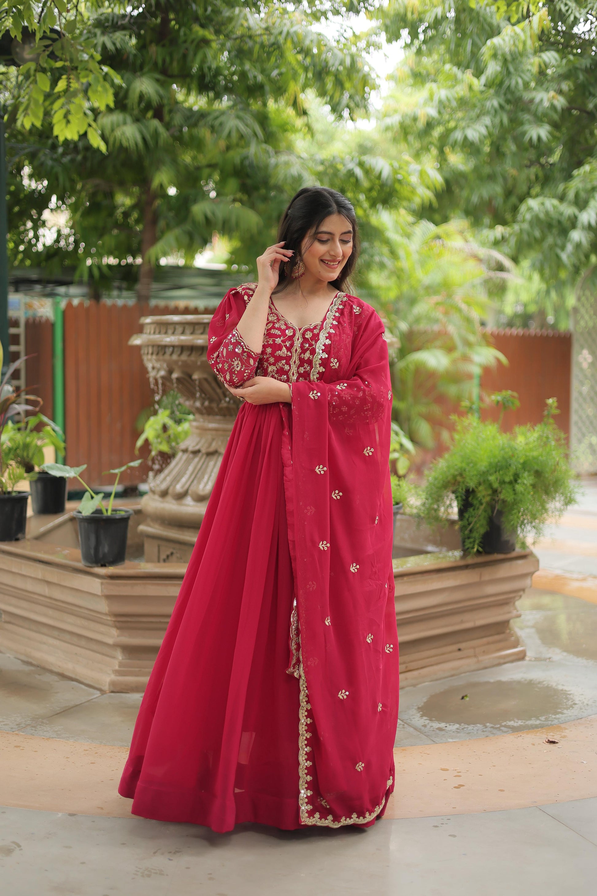 Teeya Creation Rani Pink Color Faux Georgette Heavy Embroidery Work Dupatta Fully Stitched Gown