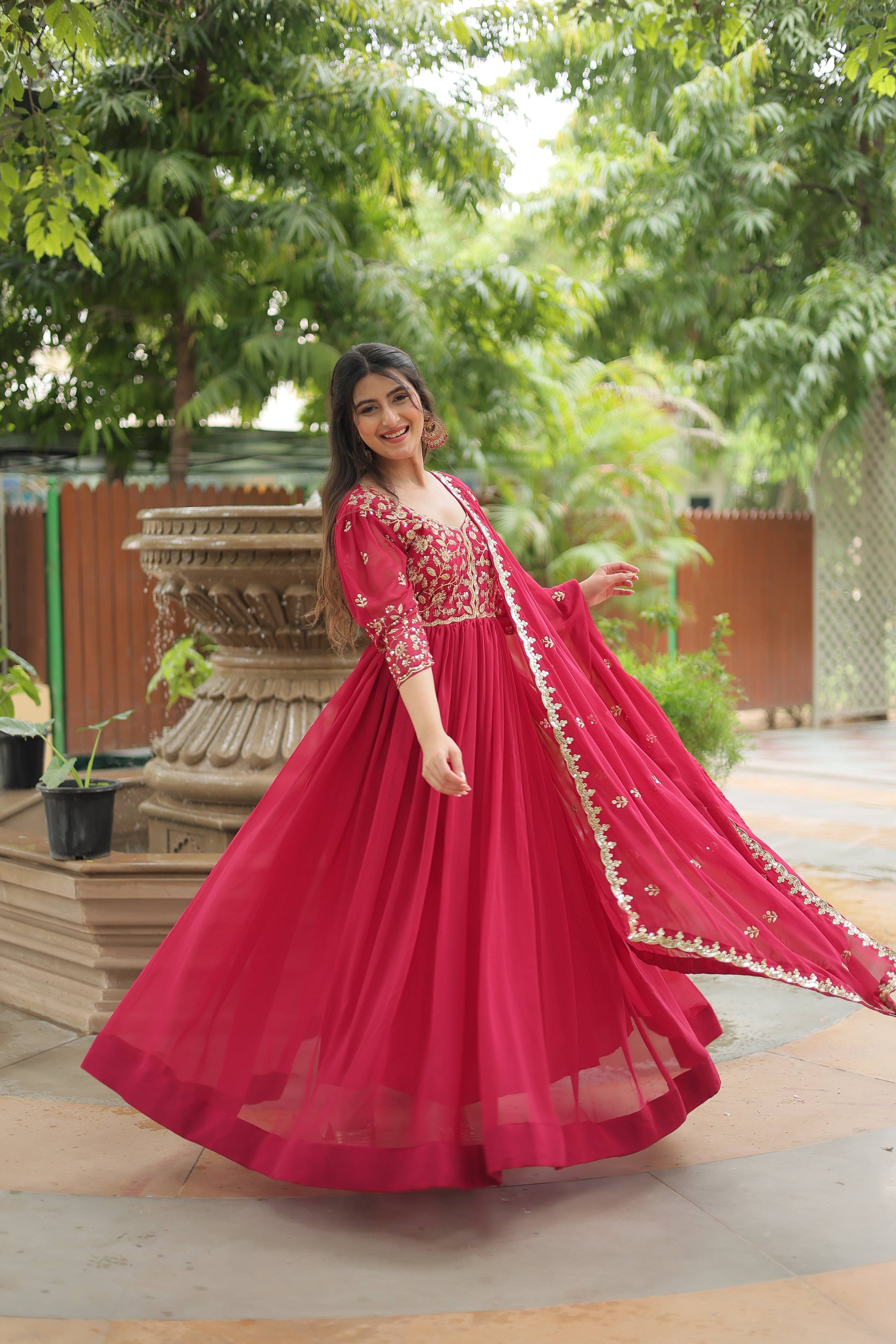 Teeya Creation Rani Pink Color Faux Georgette Heavy Embroidery Work Dupatta Fully Stitched Gown