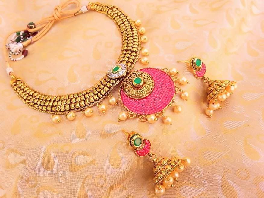 Latest Multicolor Antique Necklace Set with Pearl Drops