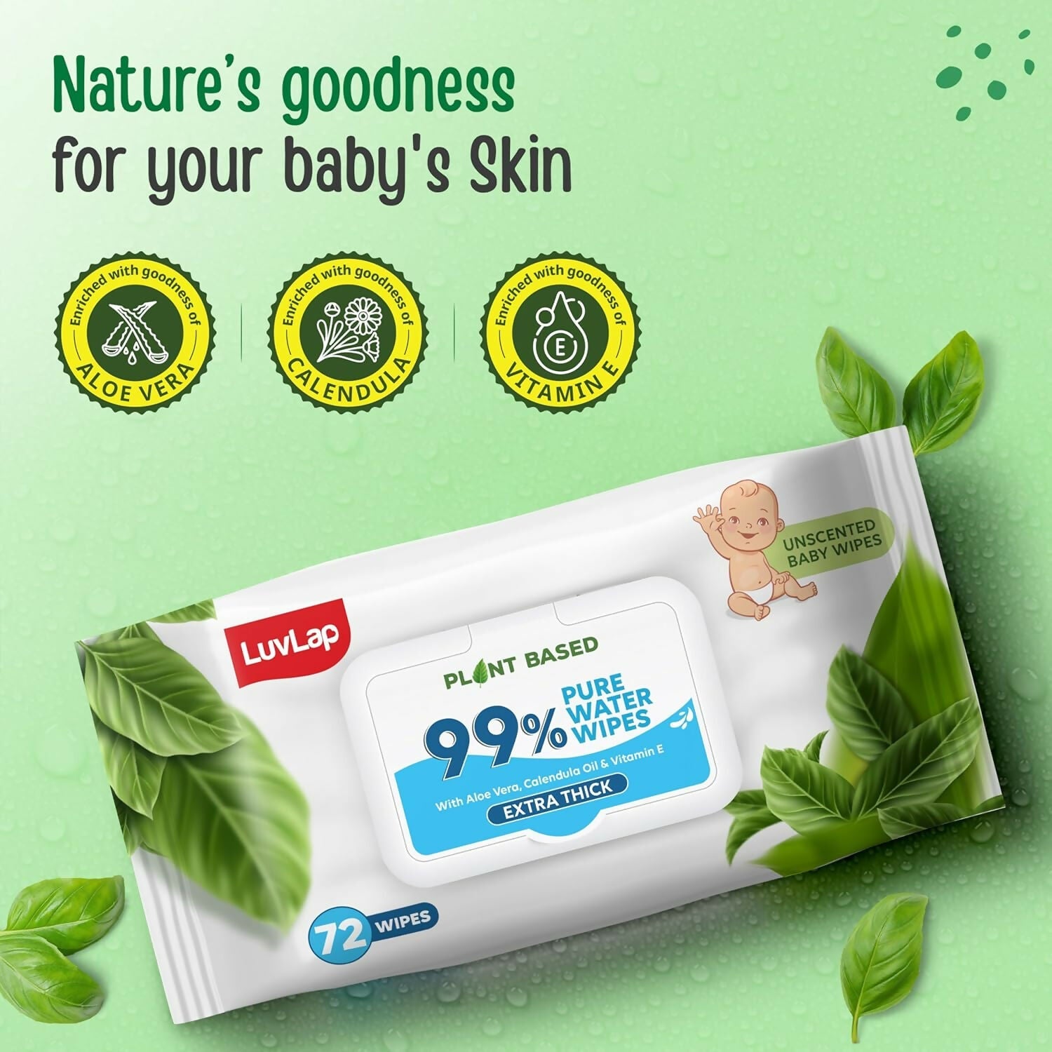 LuvLap Plant Based 99% Pure Water Extra Thick Unscented Baby Wipes