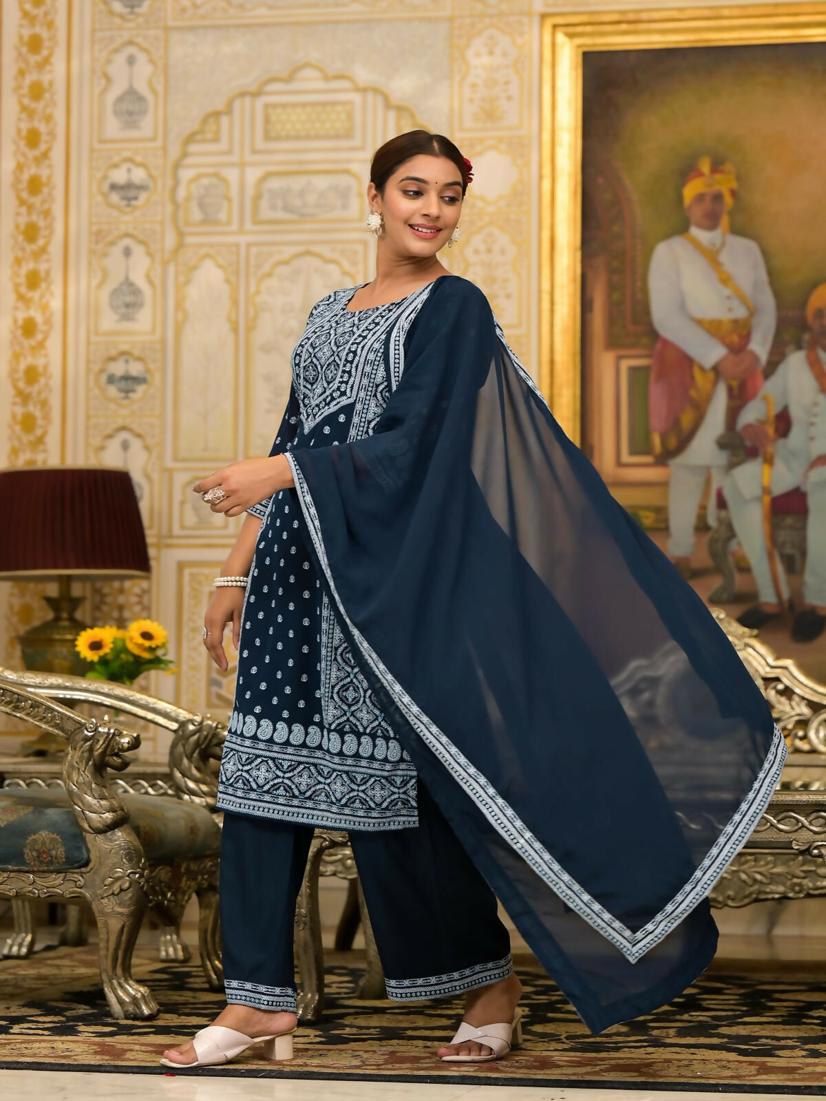 Juniper Women's Navy Ethnic Motif Printed Georgette Kurta Pant And Dupatta Set With Sequins & Beads