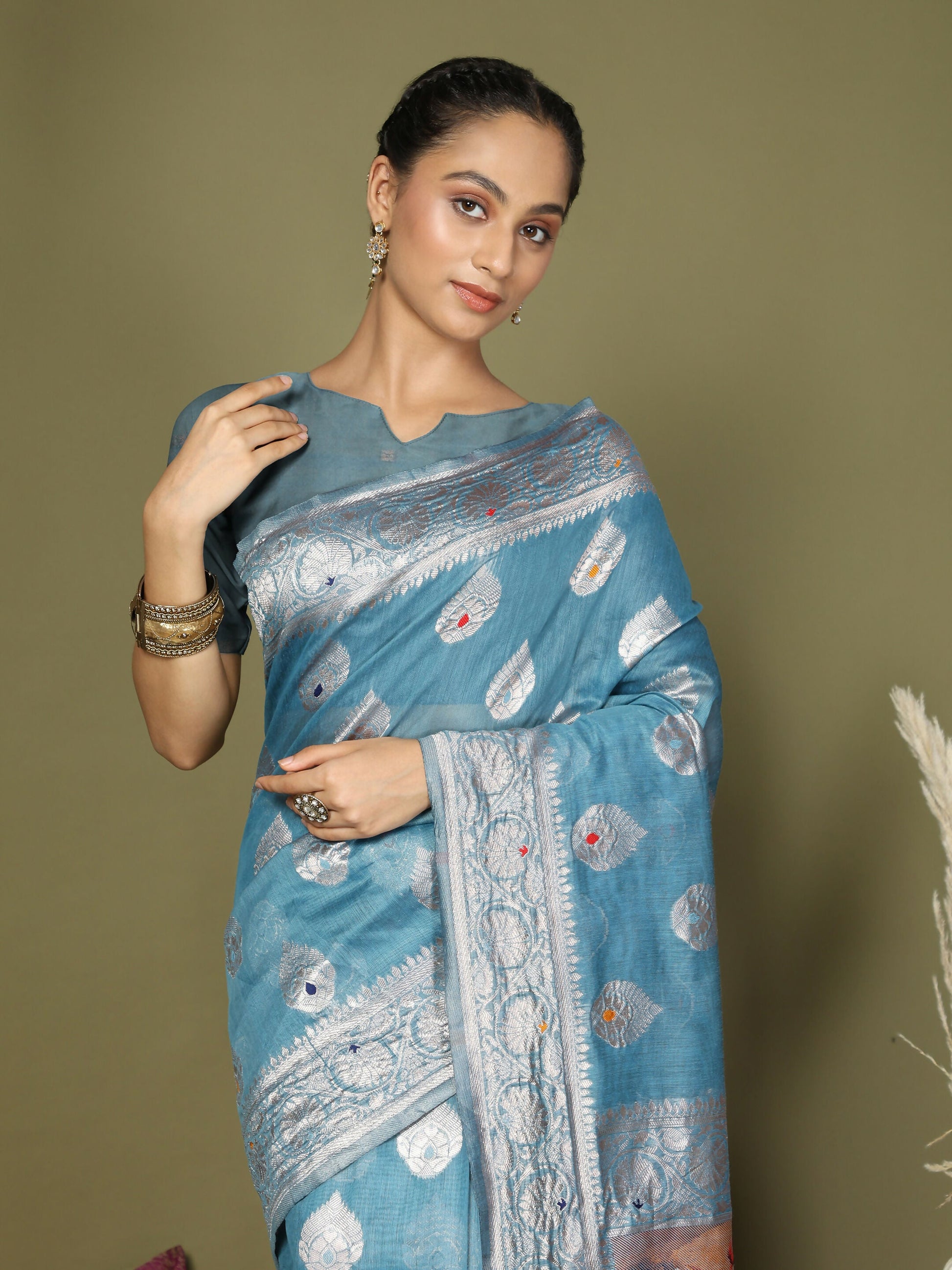 Shree Shyam Fashion Linen Cotton Sky Blue Saree