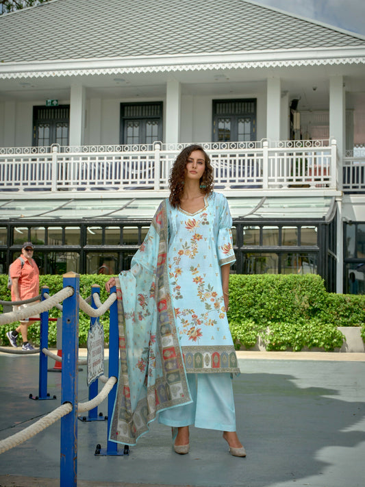 Joban Fashion Positive Sky Blue Digital Print With Position Foil Kurta Set