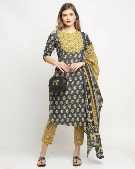Aastha Fashion Women's Dark Grey Cotton Embroidered Kurta with Trouser & Dupatta - Grab2buy