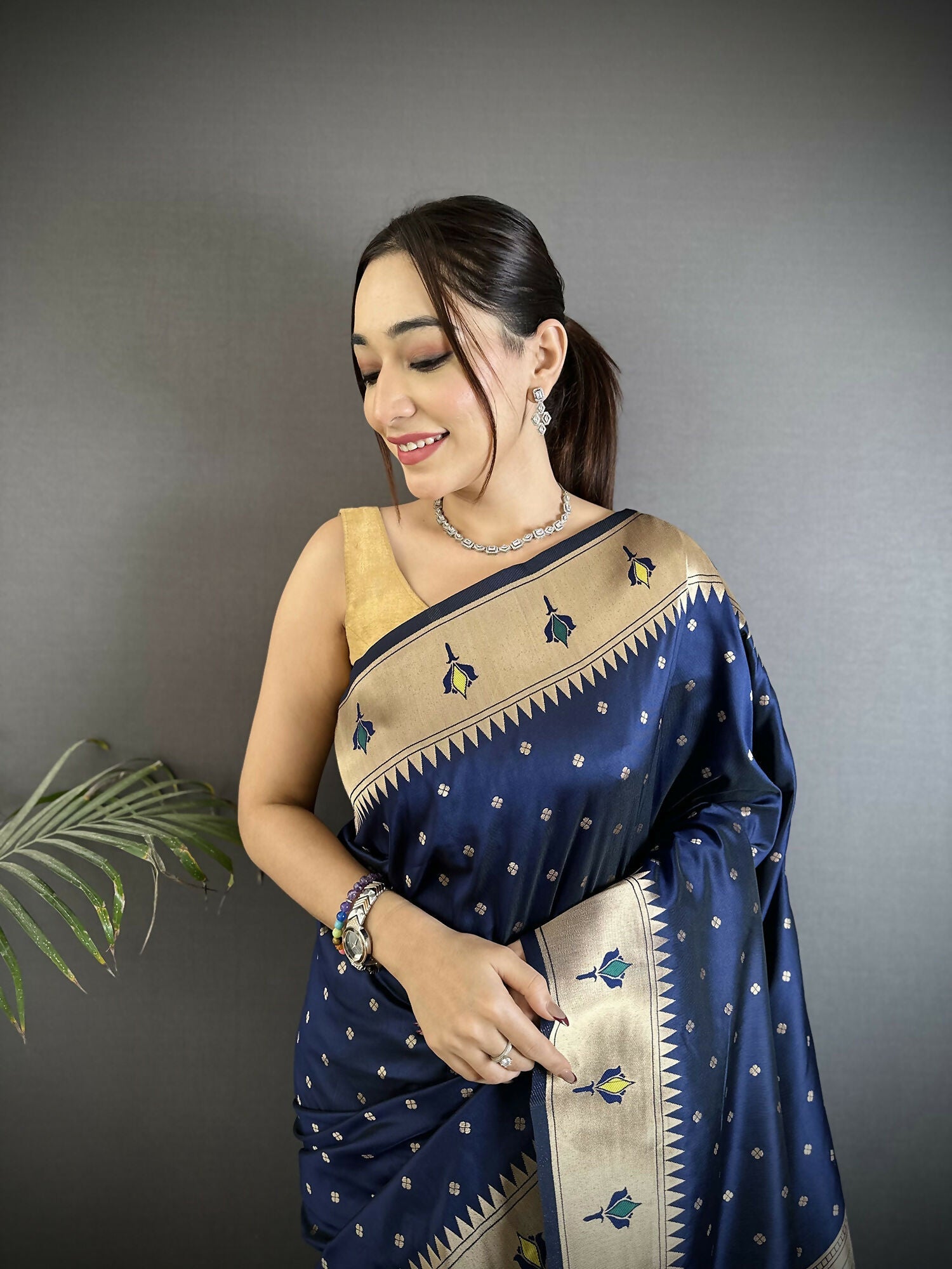Joban Fashion Dark Blue Peacock & Floral Motifs Soft Lichi Silk Kanchipuram Saree