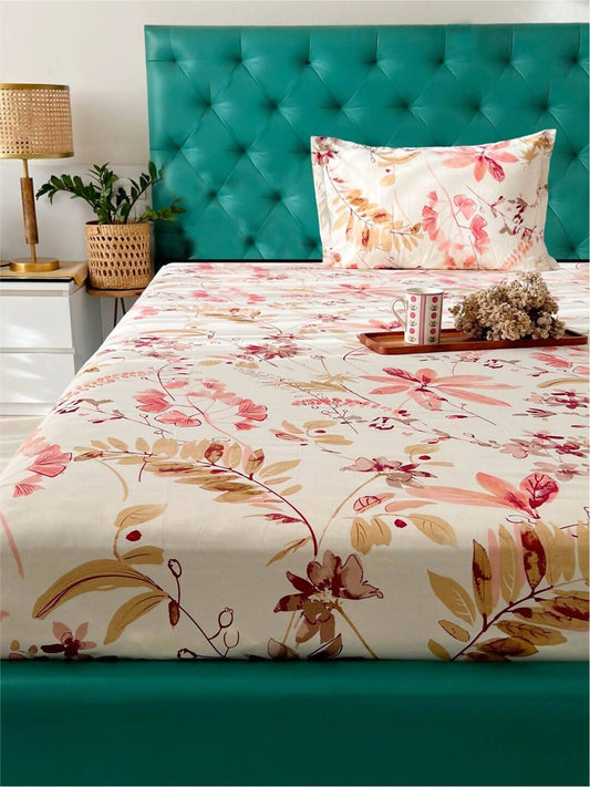URBAN SPACE Serene White Floral Printed 200 TC Pure Cotton Bedsheet & Pillow Covers 