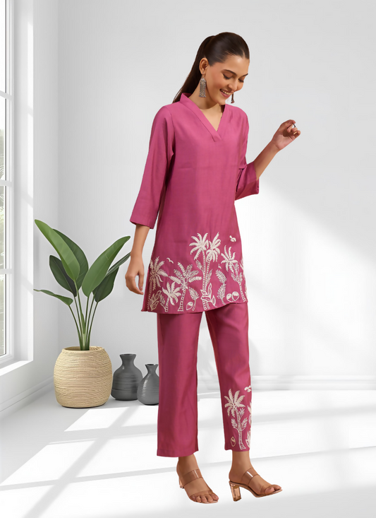 Joban Fashion Pink Silk Embroidered Readymade Cord Set