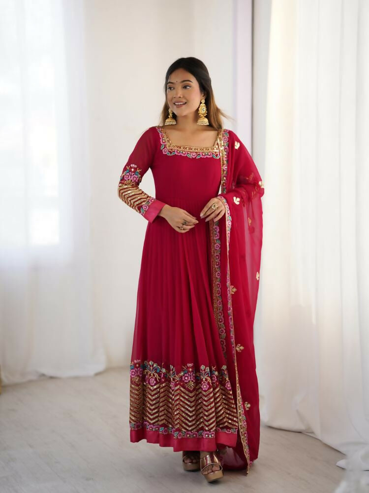 Joban Fashion Red Georgette Sequence Embroidery Work Readymade Kurta Set
