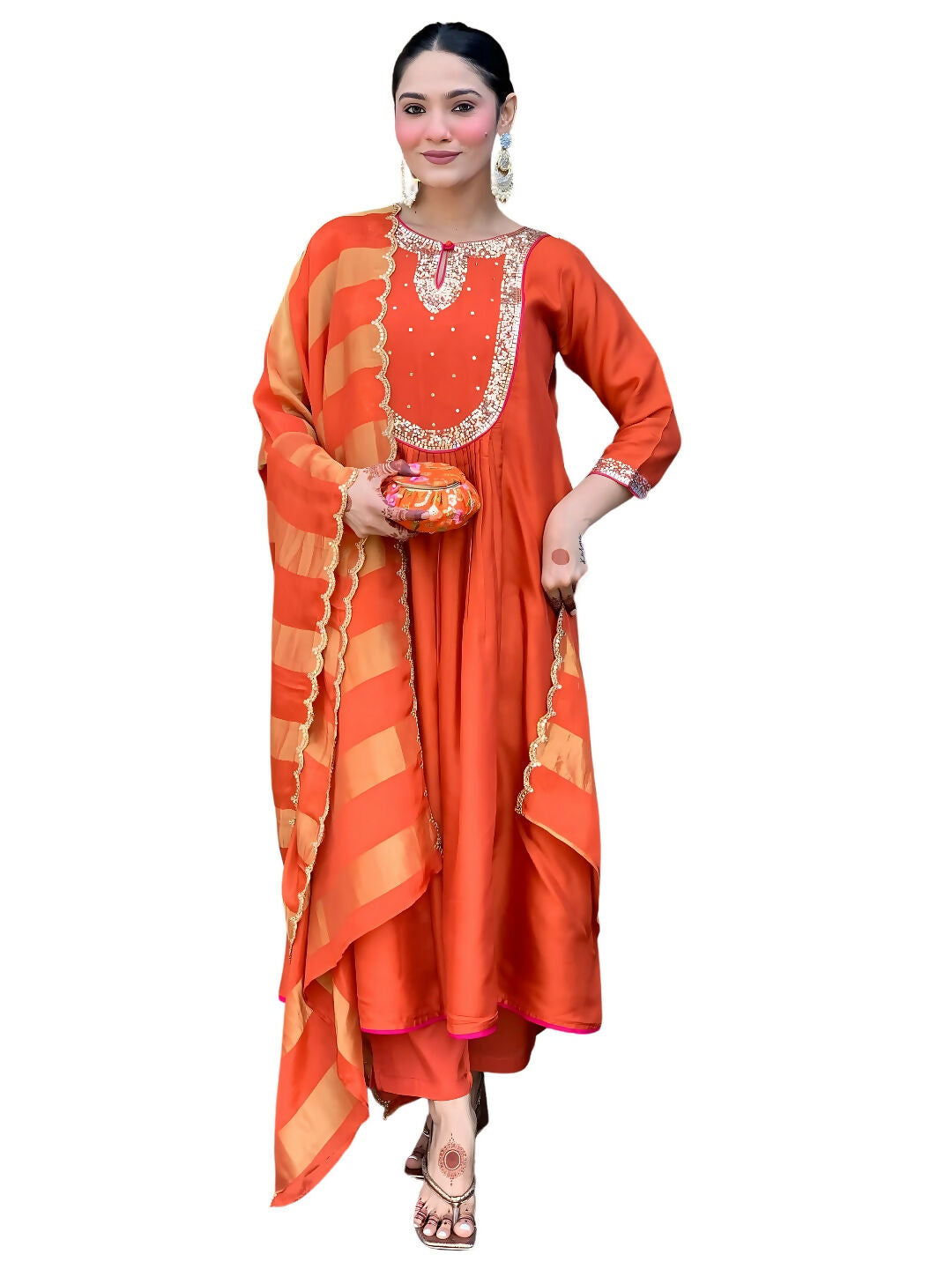 The52 Rust Women's Gorgeous Embroidered Work Chanderi Fabric Flared Kurta Pant and Dupatta Set | Grab2Buy