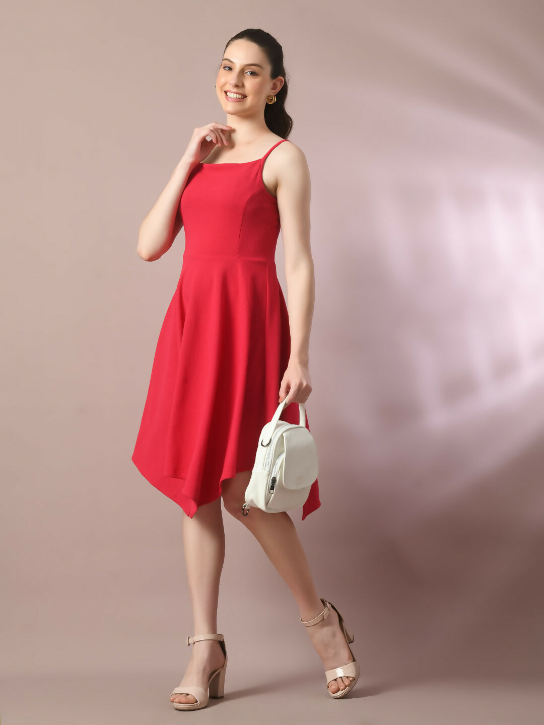 Myshka Women's Pink Solid Shoulder Straps Fit and Flare Party Dress